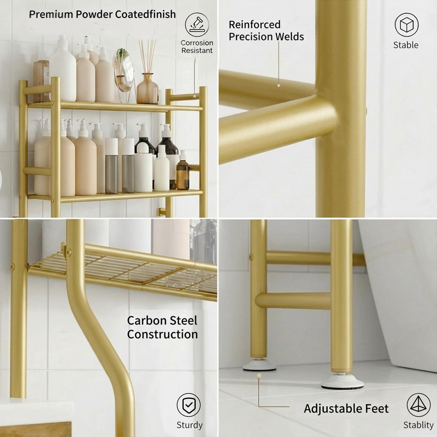 GloTika 3-Tier Over Toilet Storage with Anti-Tilt Safety System - 150lb Total Capacity Metal Bathroom Shelves Including Paper Holder & 4 Hooks, Space Saving Above Commode Organizer (64" H, Gold)