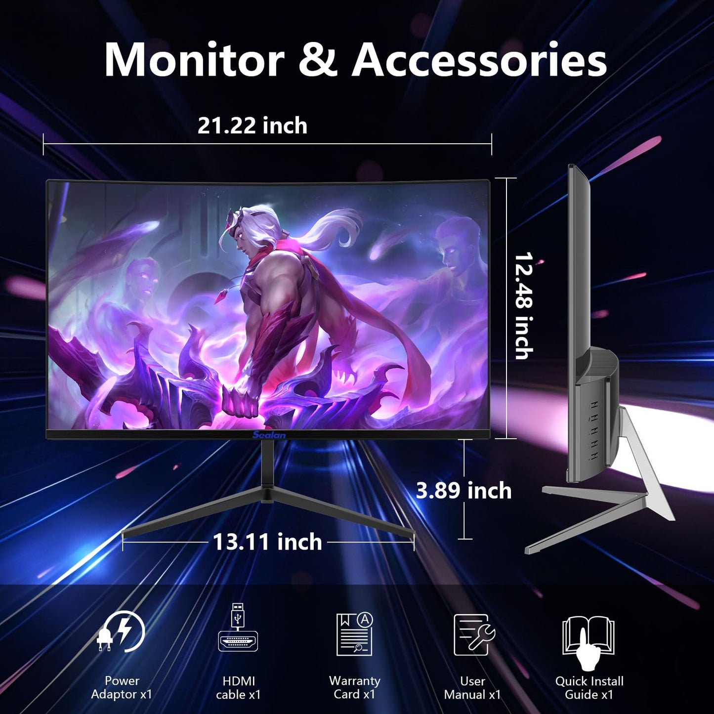 Sealan 24 inch Curved Gaming Computer Monitor FHD 1920x1080p 100Hz Refresh Rate 16:9 Aspect Ratio Free Sync Ergonomic Tilt Home Office Visual Experience for Work Play Support Wallmount (75x75mm)