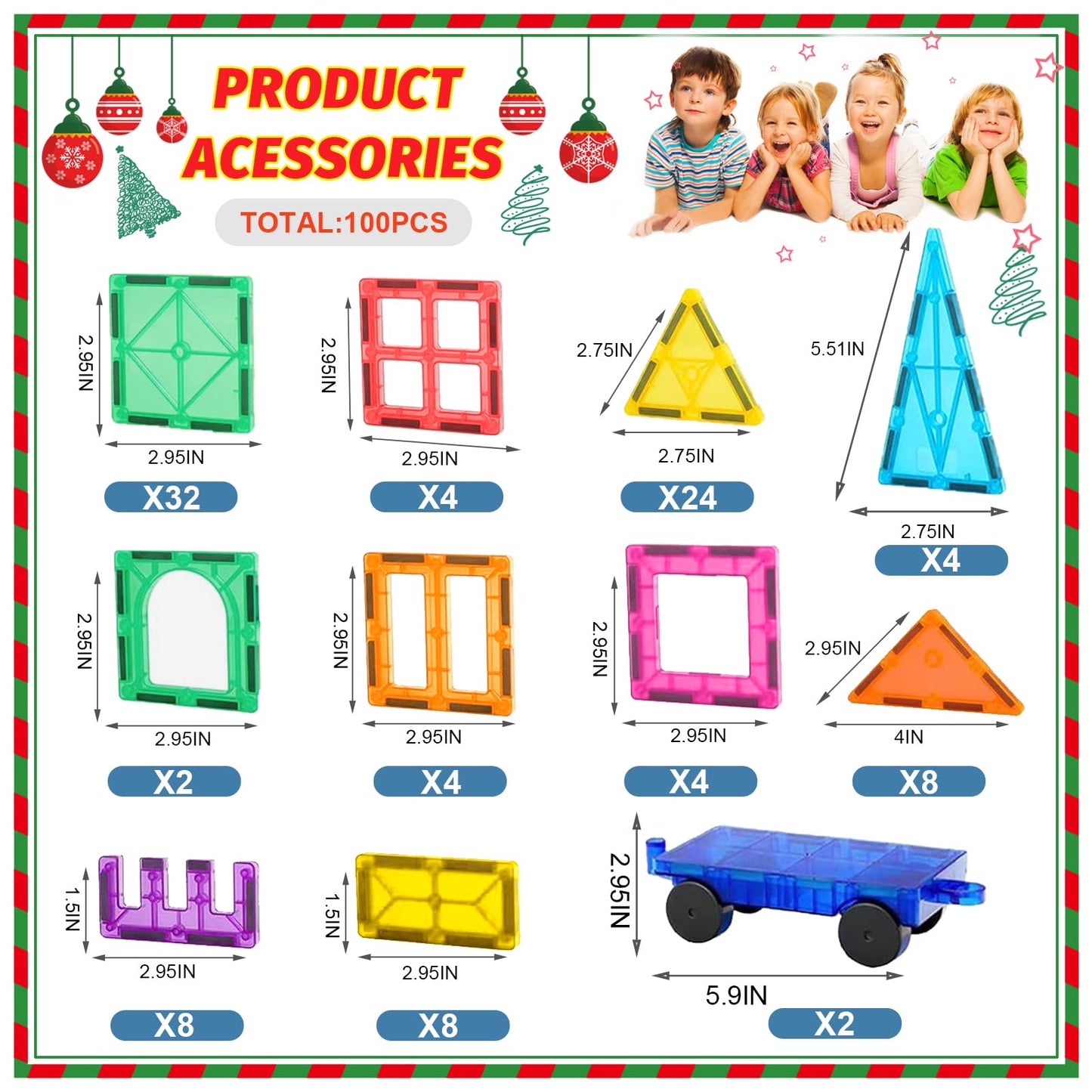 100PCS Magnetic Tiles Magnetic Blocks for Kids 3-5 6-8 8-10 Construction STEM Learning Resources Magnet Building Blocks Toddler Toys Christmas Birthday Gifts Toys for 3 4 5 6 7 8+ Year Old Boys Girls