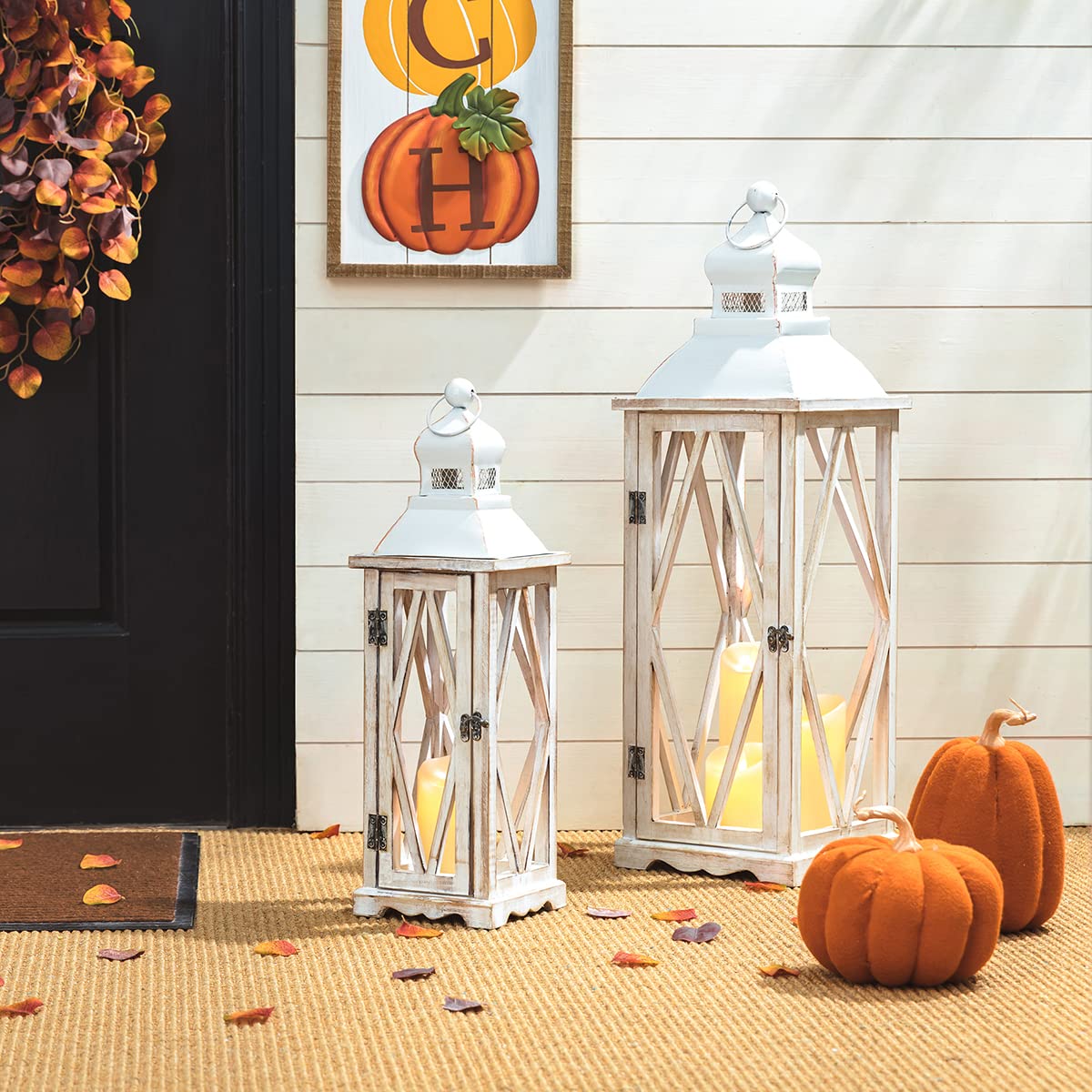 Glitzhome Large Farmhouse Wooden Metal Lantern Set of 2, 28.74" H/20.47" H Rustic Decorative Floor Candle Lanterns, Distressed Hanging Lanterns for Home Décor White (No Glass)