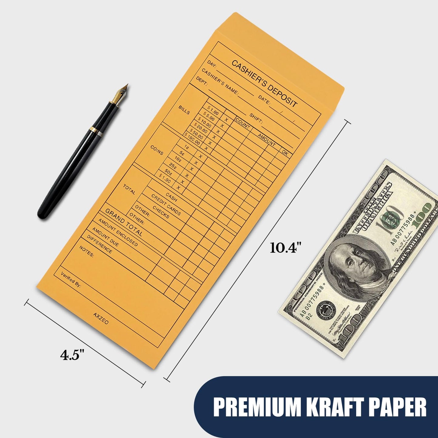 Axzeo #11 Cash Deposit Envelopes, 500-Count Self-Sealing, 28lb Brown Kraft Paper Envelopes for Small Business, Retail, Restaurant