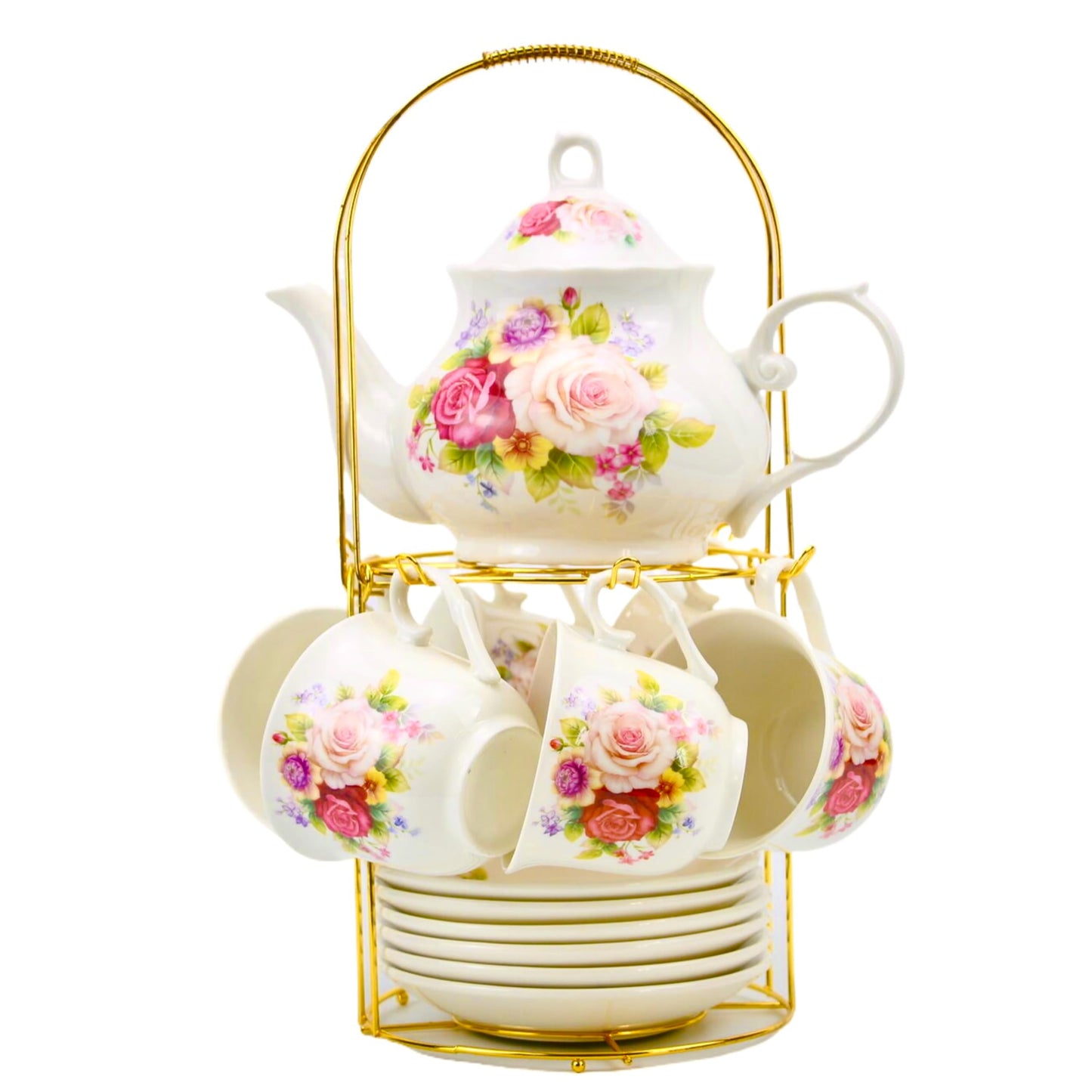 20-Pieces Porcelain Bone china Tea Sets,Gold Rim Coffee Set with Golden Metal Rack,Tea Gift Sets for Home&Party (008)