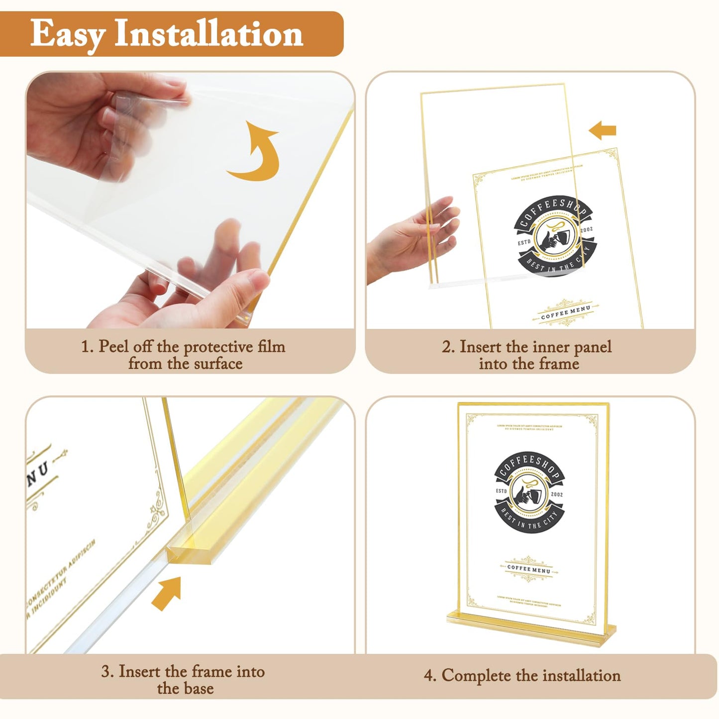 Floroom 6 Pack 8.5x11 Inch Clear Acrylic Sign Holders, Double-Sided Gold Display Stand Picture Frames for Table Numbers, Menus, Flyers, Weddings, and Offices