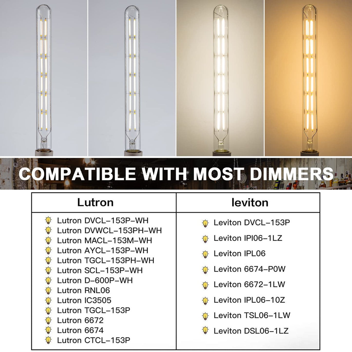 TIANSHQ LED Tube Bulbs,T10 Tubular Edison Style LED Filament Bulb, 12W Dimmable Antique LED Bulb,E26 Base,Clear Glass,4000K Daylight,1000LM(75-100W Equivalent),11.8in,6Pack