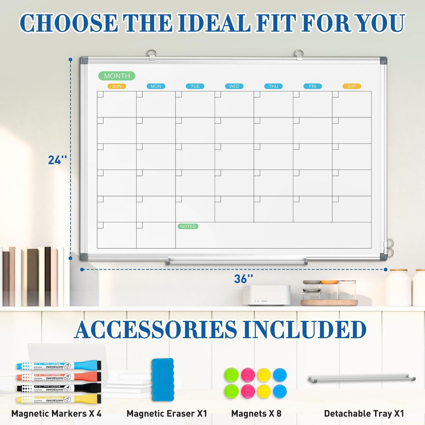 WALGLASS Dry Erase Calendar Whiteboard for Wall, 36" x 24" Double-Sided Monthly Calendar White Board with Silver Aluminum Frame, Hanging or Wall Mount Large Whiteboard for Home, Office, School