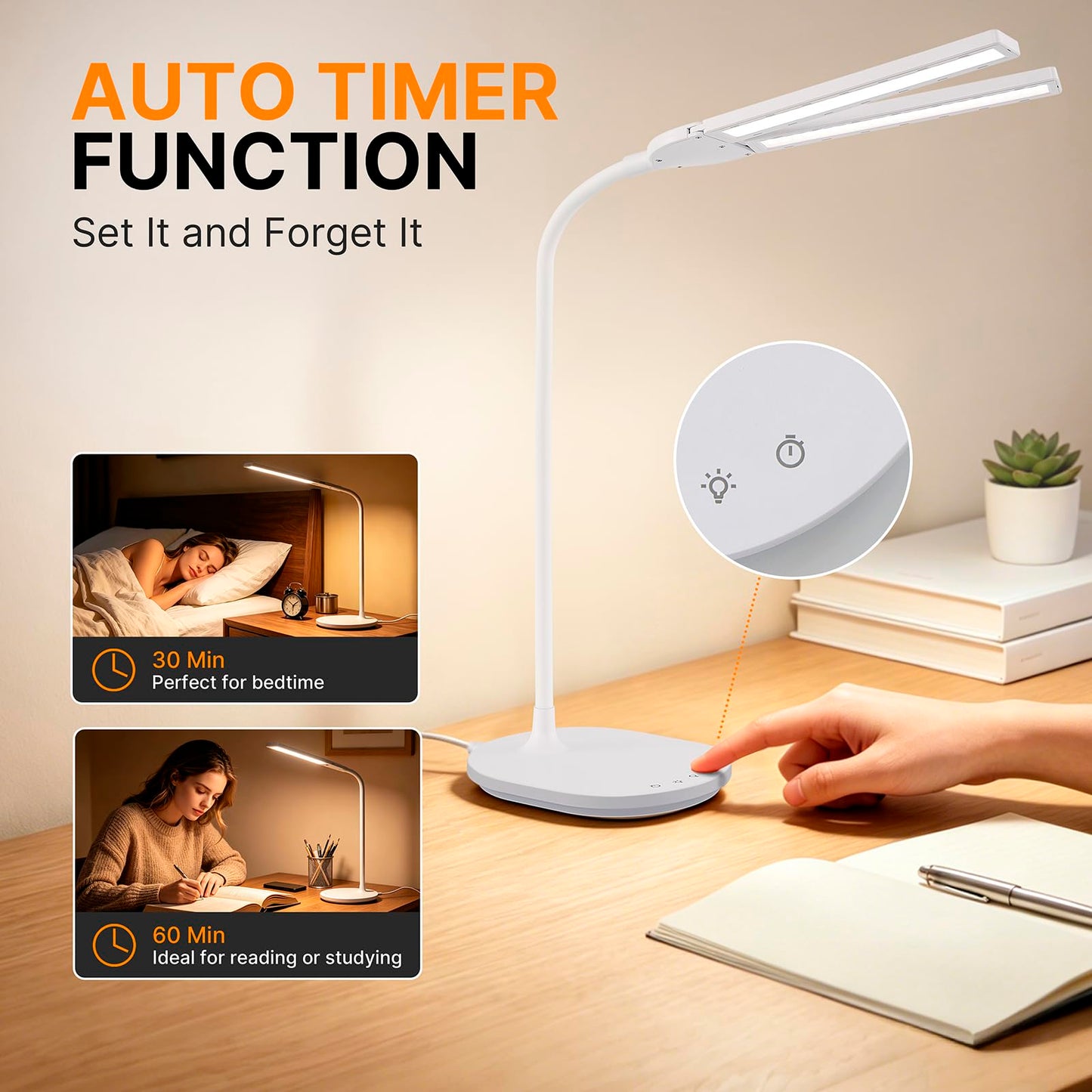 G Keni LED Desk Lamp, 2400 Lux Bright Desk Lamp for Home Office, Dual Head Adjustable Desk Lamp with 5 Color Modes, Stepless Dimming, 360° Gooseneck, Auto Timer, Eye Caring Task Light