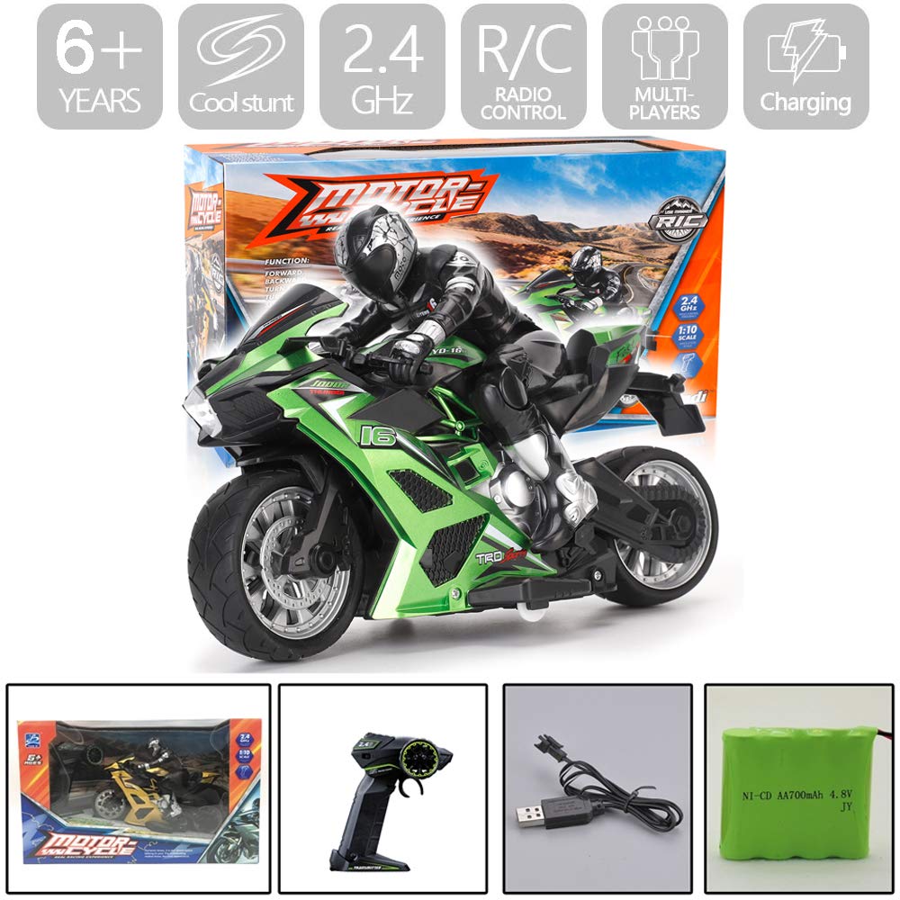 Liberty Imports 2.4G RC Remote Control Stunt Motorcycle with Riding Figure, 1:10 Scale High Speed Cross Country 360 Degree Rotation Drift Shockproof Racing Motorbike (Green)
