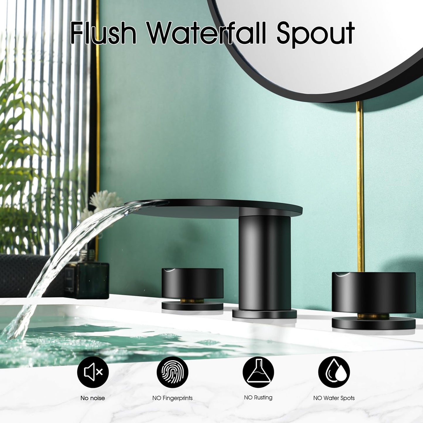 AUU Moon Bathroom Sink Faucet 3 Holes,Waterfall Bathroom Vanity Sink Faucets Solid Brass,2 Handles Widespread 8 Inch Basin Faucets (Black)