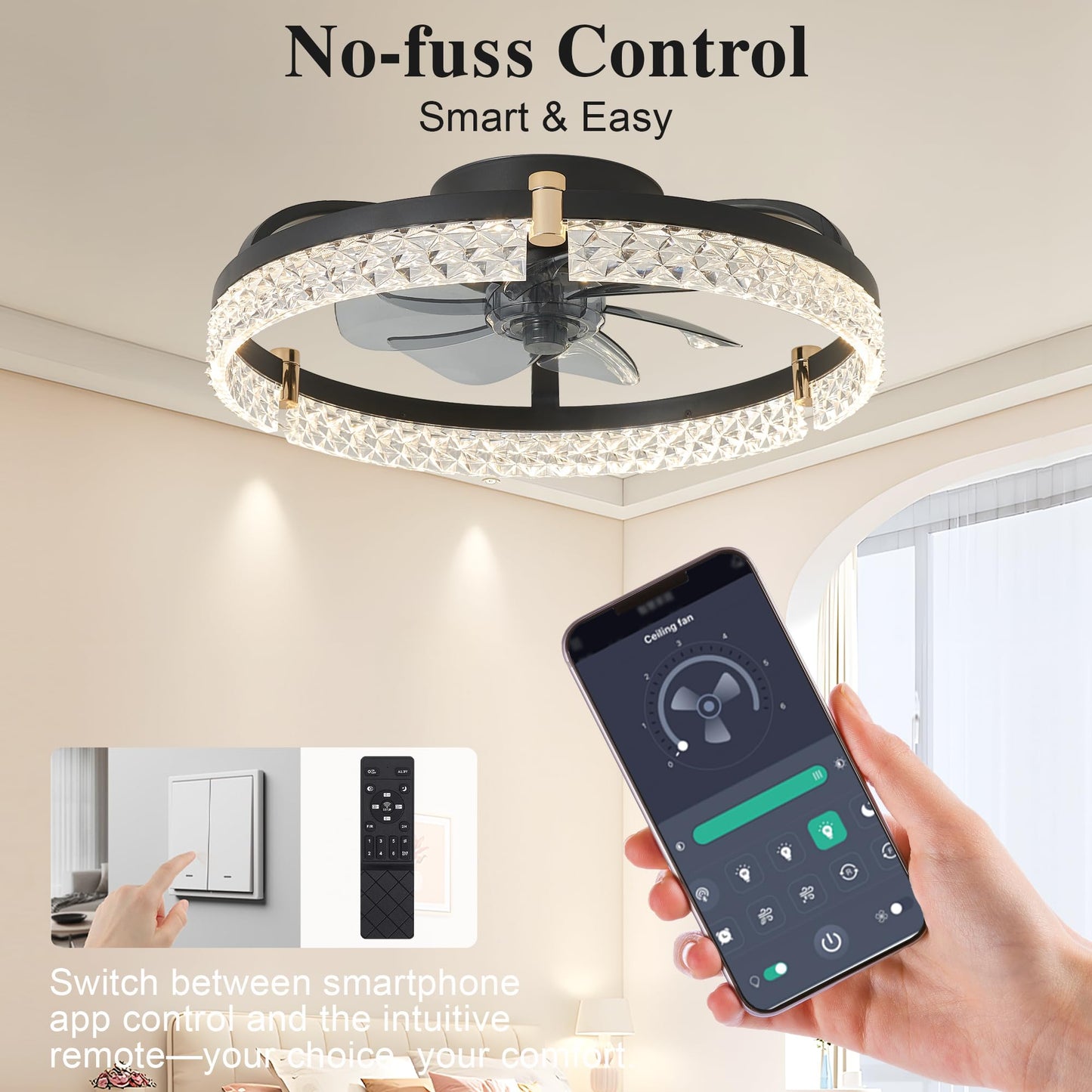 DIAMONDFORGE Ceiling Fans with Lights and Remote Fandelier - Low Profile Modern - 20'' Flush Mount Ceiling Fans for Bedroom,Stepless Color Temperature and 6 Speeds- Black and Crystal
