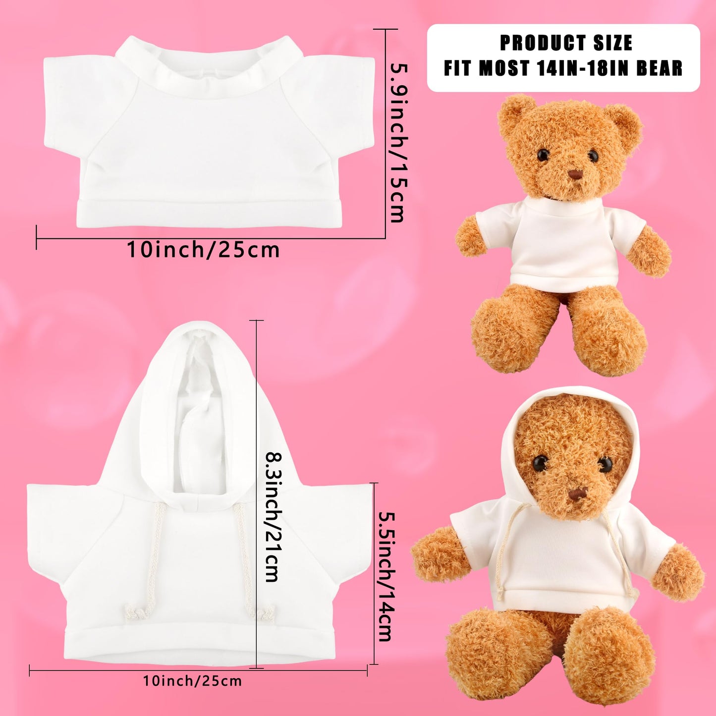 20 Pcs Stuffed Animal Toy White Clothing Sublimation Blank Bear Clothes Include 10 Pcs Teddy Bear Blank Hoodie and 10 Pcs Teddy Bear White Shirt for 14-18 Inch Stuffed Bears Dolls DIY (Color Style 1)