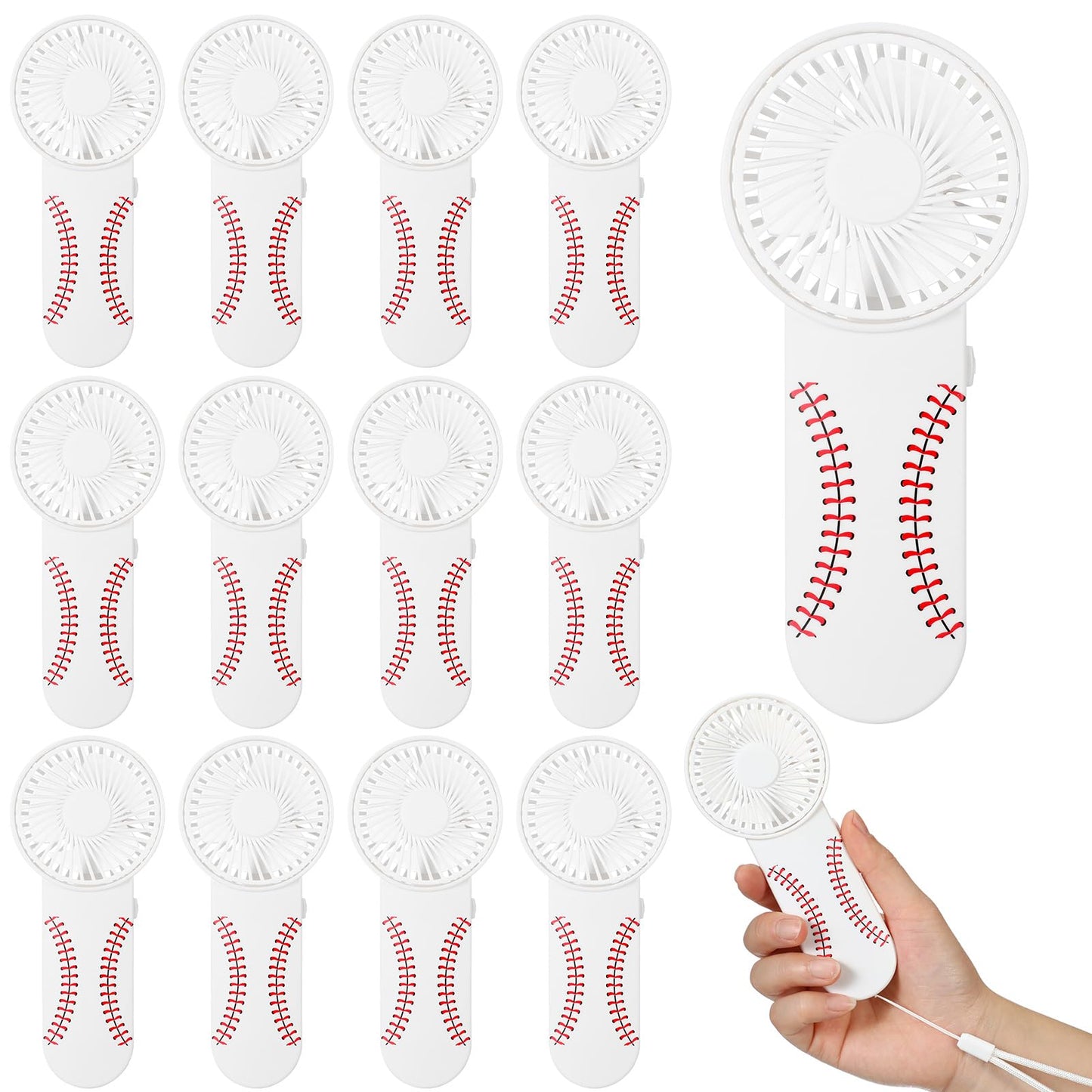 Honoson 12 Pcs Mini Portable Baseball Fan Bulk Small Personal Handheld Fan with Lanyard for Team Gift Game Outdoor Sport Party Favors, Battery Not Include(White and Red)