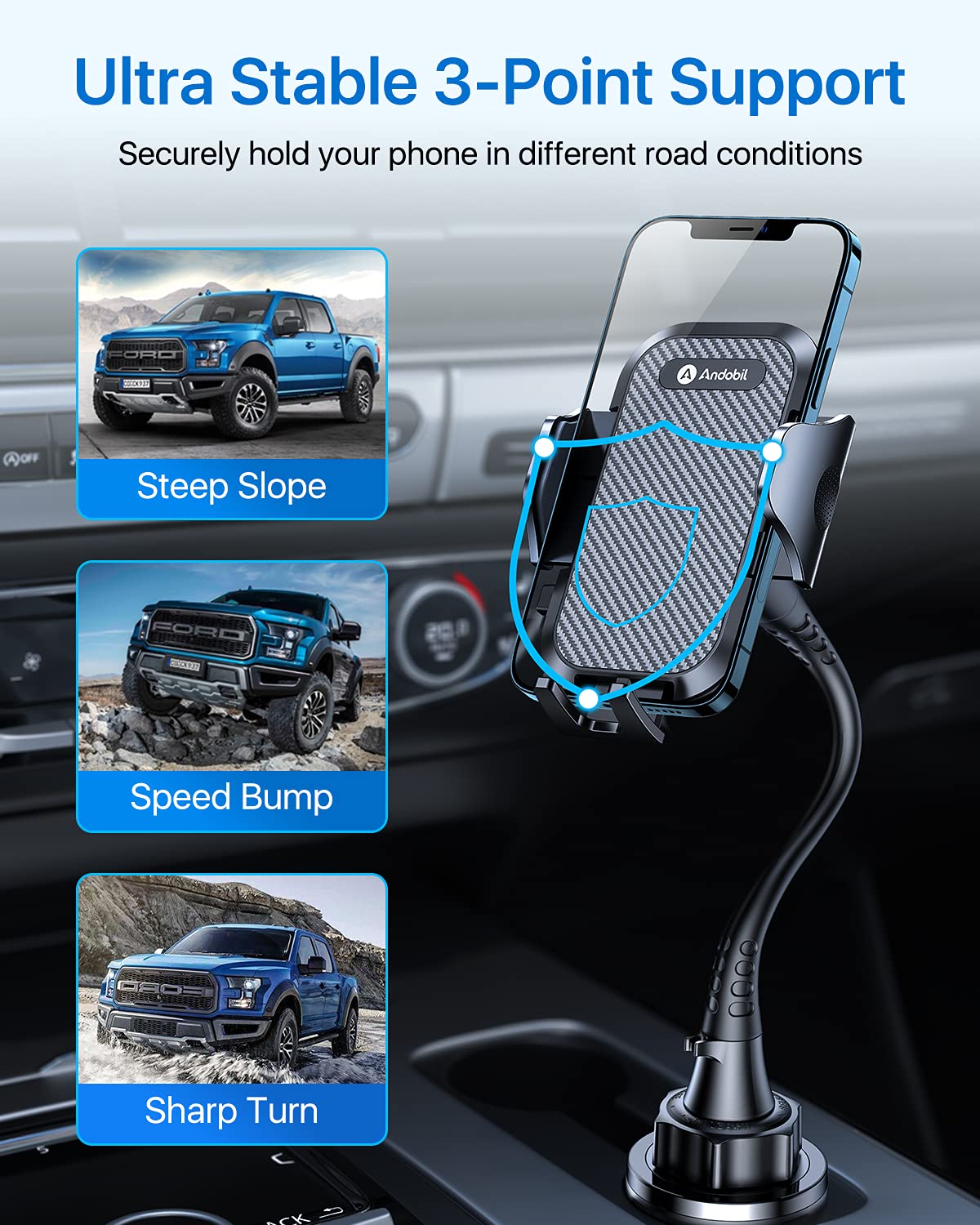 andobil Upgraded & Solidest 15in Cup Holder Phone Holder, [Stable & Adjustable] Long Gooseneck Car Phone Holders for Your Car Truck Fit for iPhone 16 Pro Max 15 14 13 12 Pro Max & All Cell Phones