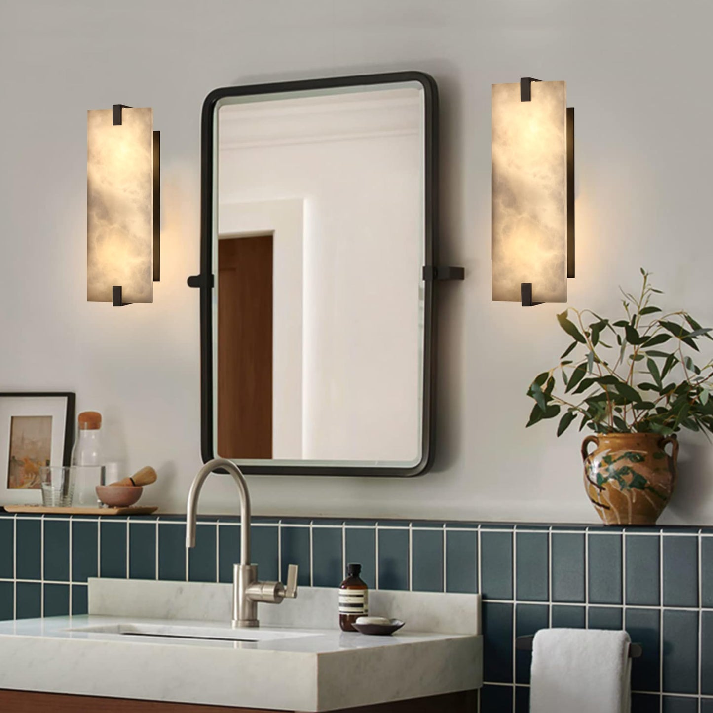 2 Pack 2 Light 15.63" Natural Square Alabaster Marble Bathroom Wall Sconce Modern Concise Style Wall Light Fixture,Black Finish for Bedroom Hallway Bedside Living Room