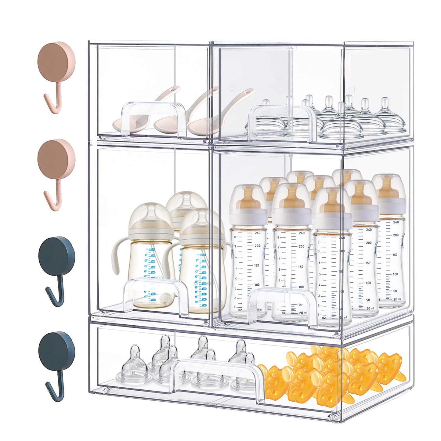 zebrater Baby Bottle Organizer-5 Pack Stackable Storage Drawers, Baby Organizers and Storage with Hooks, Clear Acrylic Multipurpose Bottle Storage for Countertop,Kitchen,Cabinet,Vanity,Bathroom