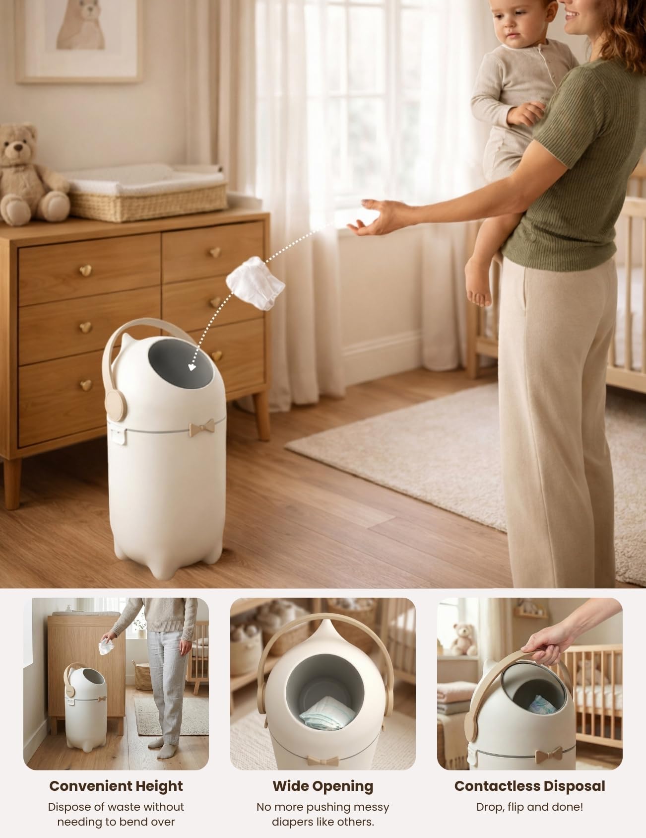 iTouchless Odor-Locking Diaper Pail - 2026 Award-Winning Ag+ Silver Ion Nursery Bin - Fits Any Bag, No Refills Needed - Includes 20 Leak-Proof Bags (Hold 300 Diapers) - Boho White Baby Registry Gift