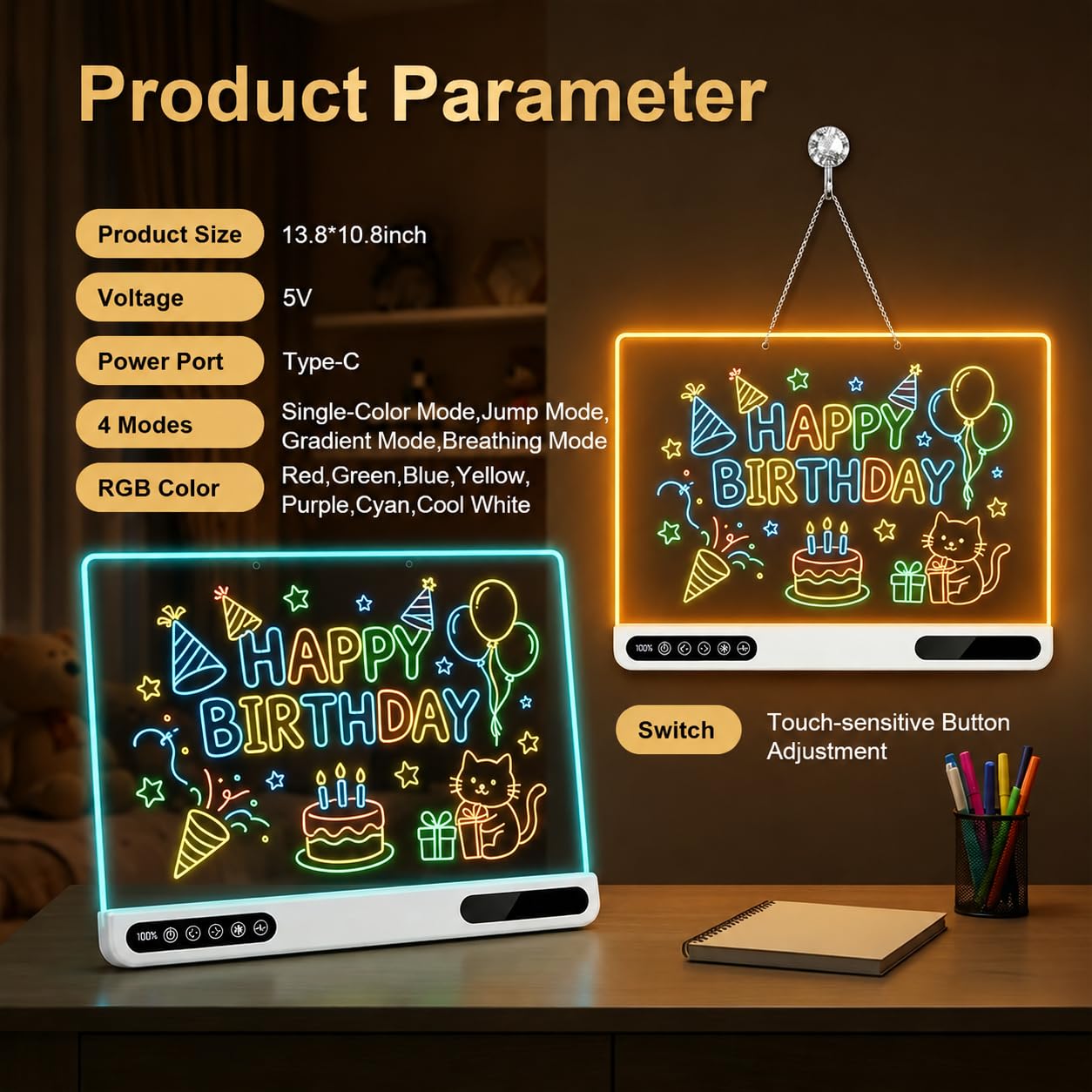 LED Light Up Drawing Board for Kids,16'' LED Note Board with Colors&Dimmable Glow,Scratch-Resistant Acrylic LED Magic Writing Board,Creative Christmas/Birthday Gift for Kids (Digital Touch Control)