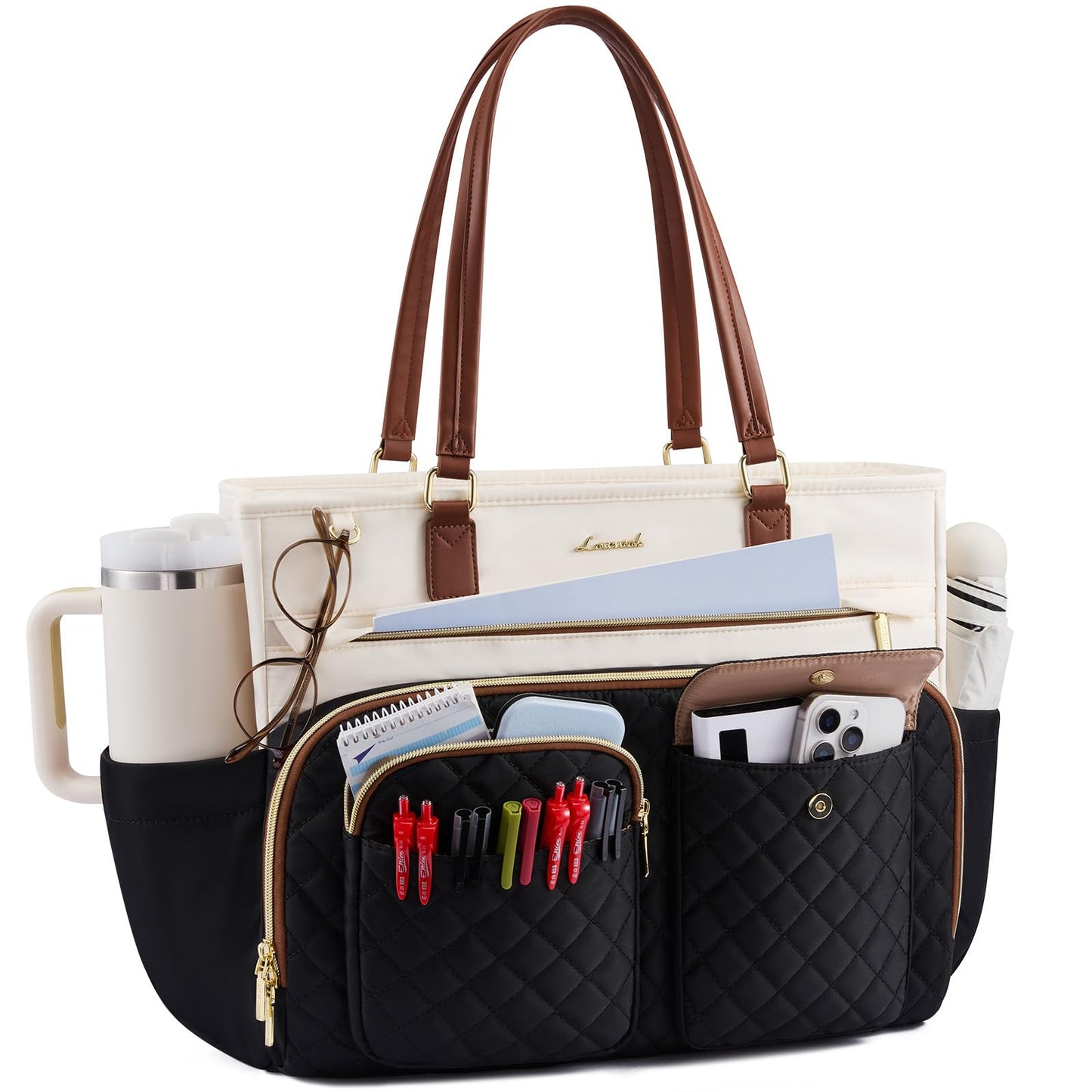 LOVEVOOK Tote Bag for Women, Work Bag with Large Cup Holder, Large Capacity Teacher Tote with Multi Pockets, Water Resistant Nurse Diaper Tote Fit 17.3 Inch Laptop, 17.3 Inch Black Beige Brown