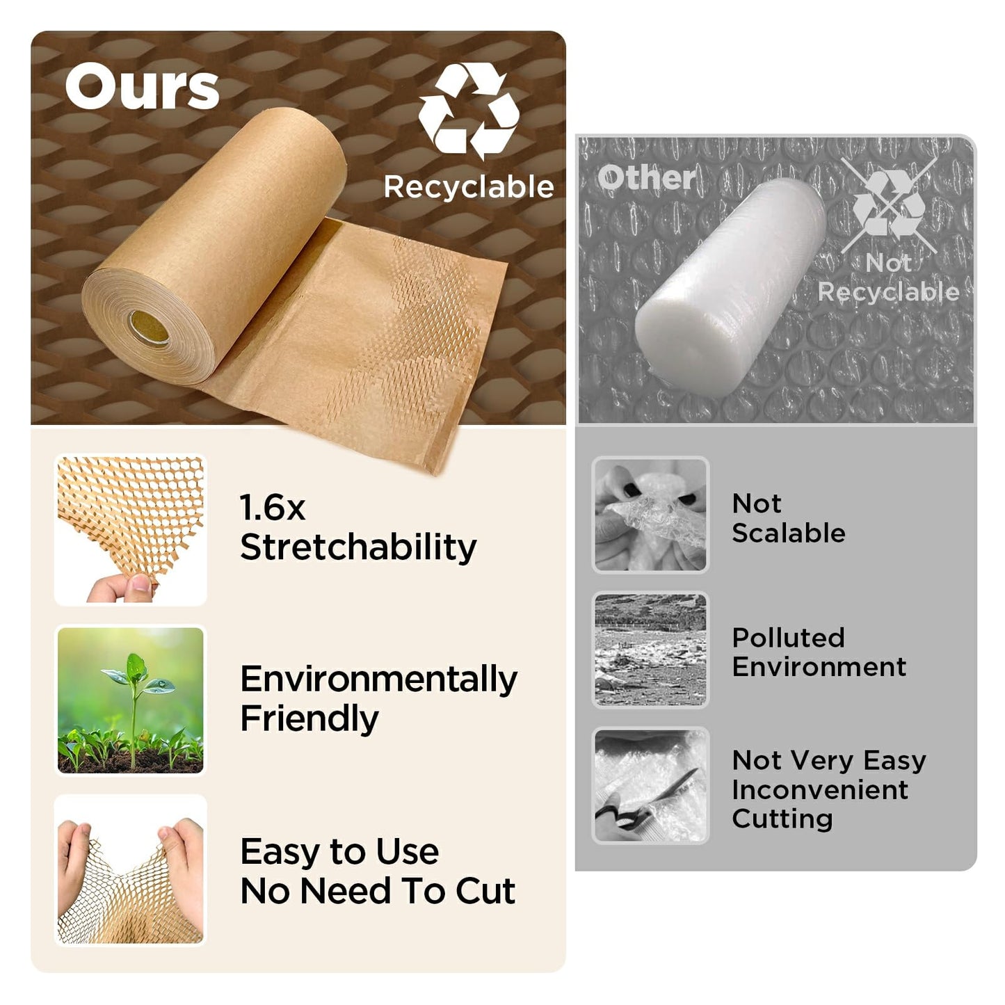 Honeycomb Packing Paper, 12"x400' Brown | Perforated Honeycomb Packing Paper Recyclable Moving Supplies for Shipping & Moving | Plastic-Free Alternative to Bubble Cushion Wrap with 36 Fragile Stickers