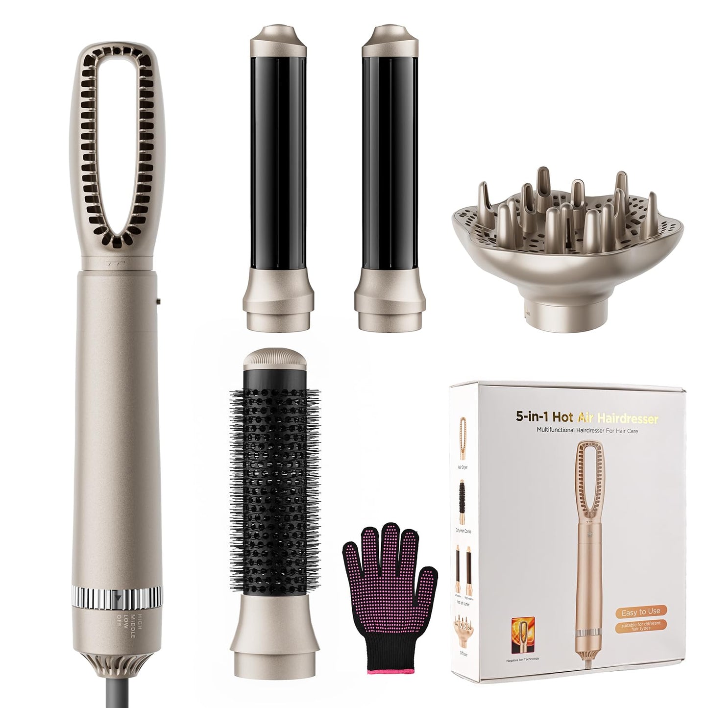 Bo'laiya 5-in-1 Hot-Air Brushes Brush for Straightening, Curling & Styling, Detachable & Interchangeable Brush Head, Negative Ionic Technology, for All Hair Types,Protective Glove Included