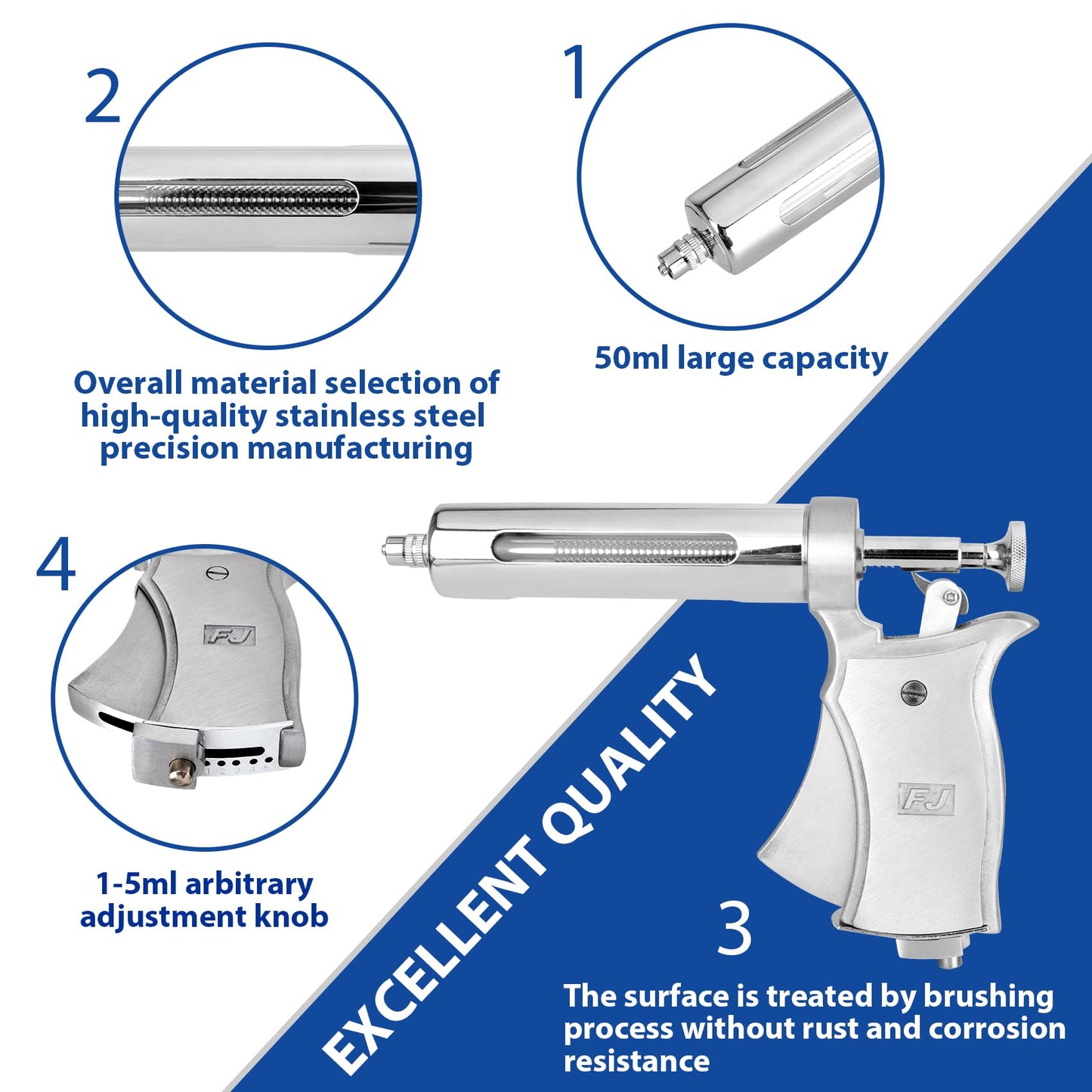 50ML Continuous Livestock Syringe, Adjustable Syringe For Horses, Sheep, Cattle, Pigs, Etc., Farm And Breeding Equipment, Large Capacity, Semi-Automatic, With 10 Stainless Steel Needles