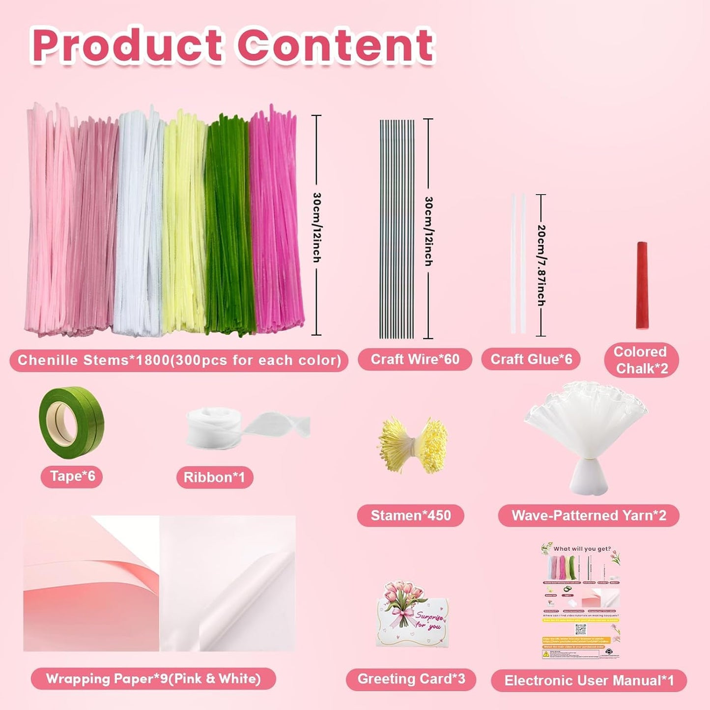1800 PCS Pipe Cleaners Craft, 6 Colors Pipe Cleaner Bulk Flower Kit, Chenille Stems Bulk with Floral Wires, Gardening Tape, Stamen, Wrapping Paper & Ribbon, DIY Art and Craft Supplies - Pink Gradient
