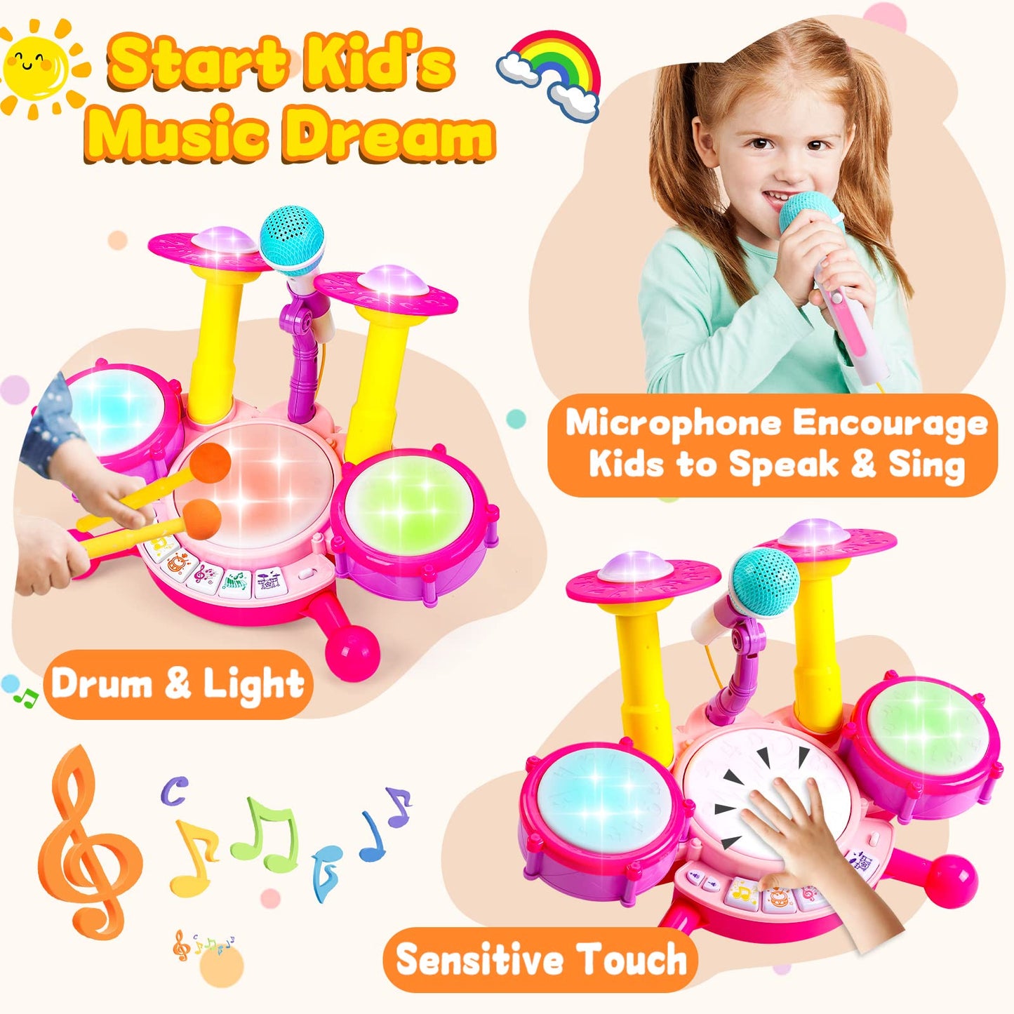 Kids Drum Set for Toddlers with Musical Instruments and Microphone, Ideal Gifts for 1-2 Year Old Boys & Girls, Age 1-3