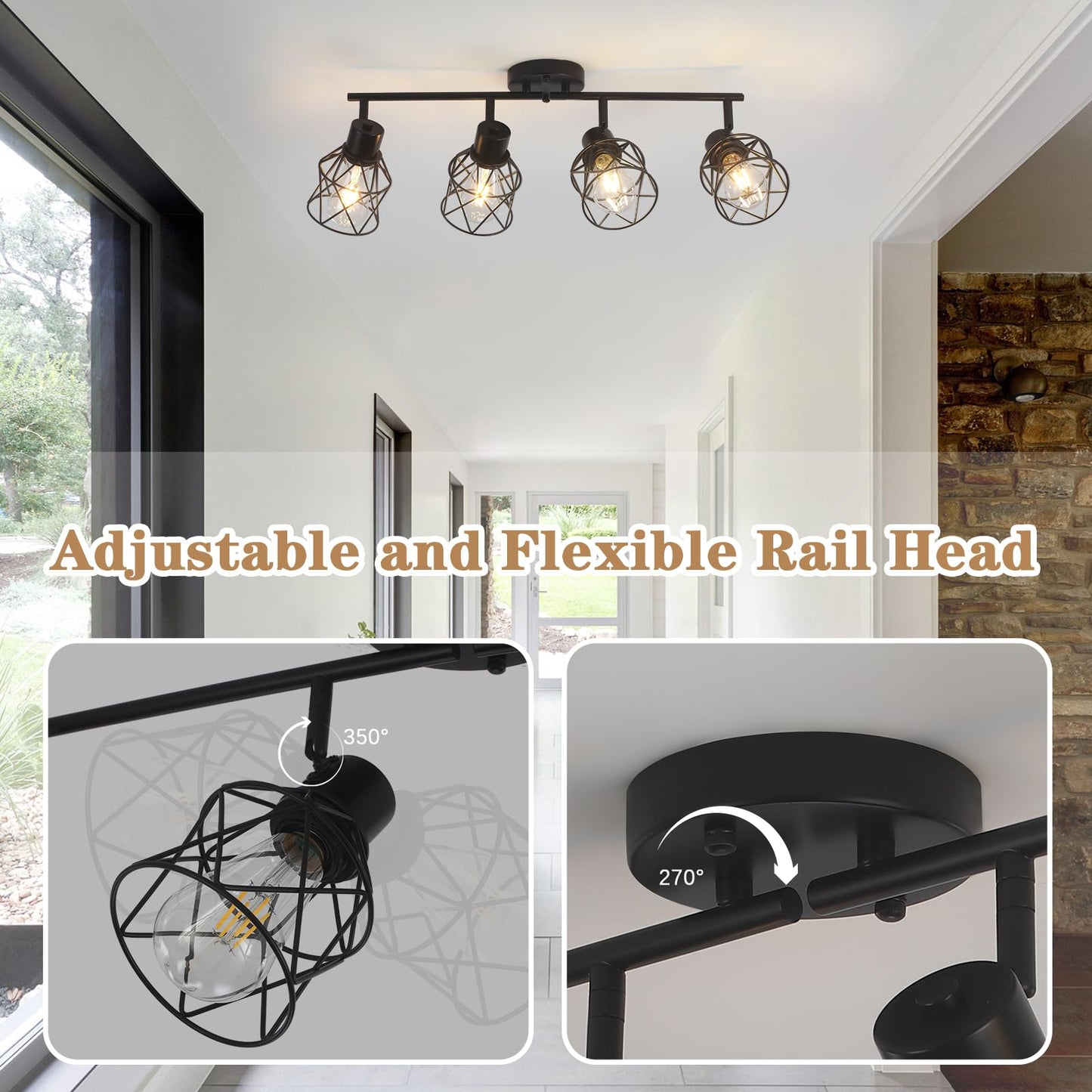 BUXVRCS Adjustable Multi-Directional Black Light Fixtures, Semi Flush Mount Ceiling Light, Kitchen Light Fixtures Ceiling Mount, Geometric Metal Cage Industrial Spotlight Fixtures for Dining Room