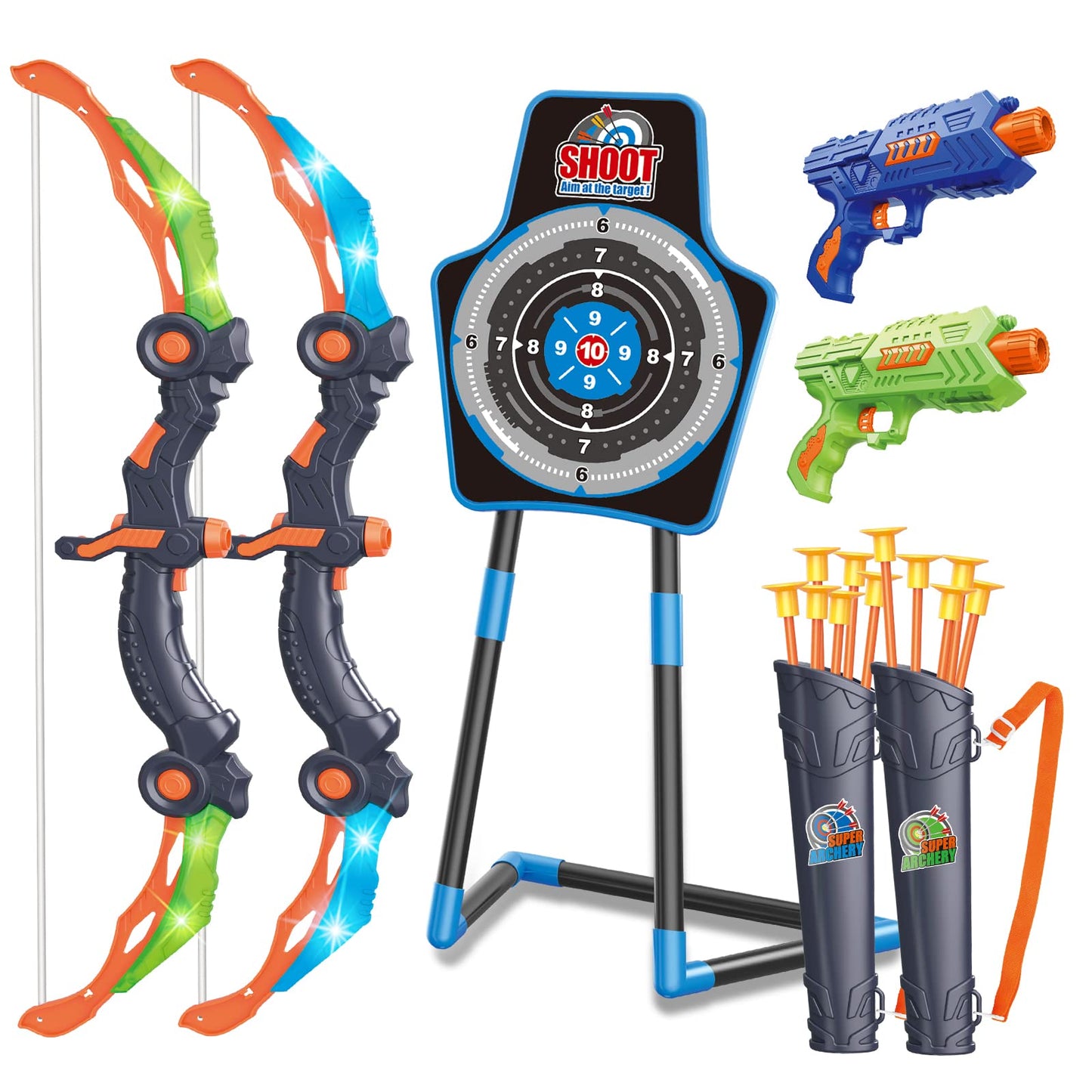 SpringFlower 2 Bow and Arrow Sets with LED Light-up,2 Foam Dart Guns for Kids 5 6 7 8 9 10+ Years Old, Archery Set with Standing Target for Boys & Girl, for Kids