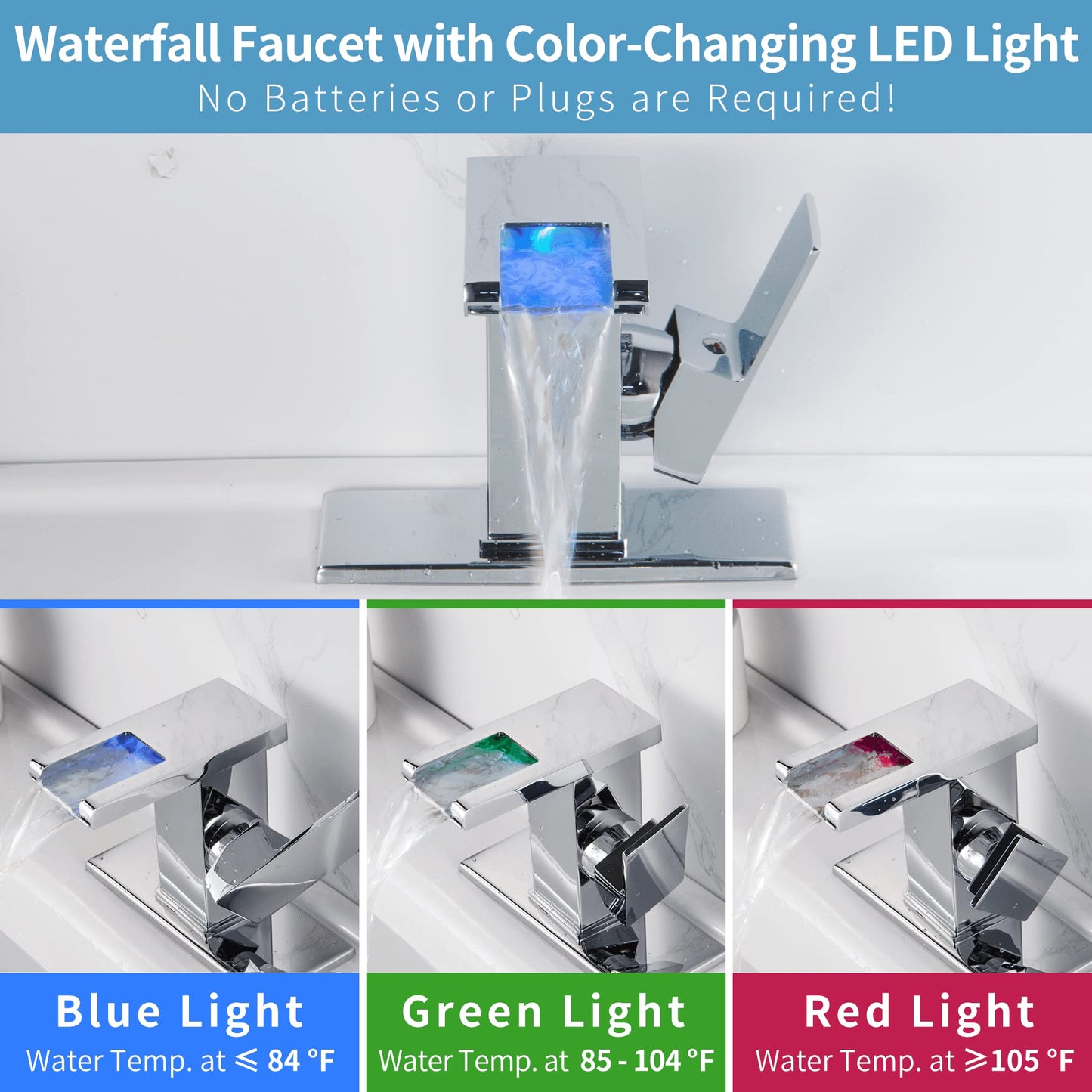 Y-Garhe Waterfall Bathroom Faucet, LED Faucet Waterfall, Single Hole Bathroom Faucet, Waterfall Bathroom Sink Faucet, Bathroom Faucet with LED Light, Chrome LED Faucet