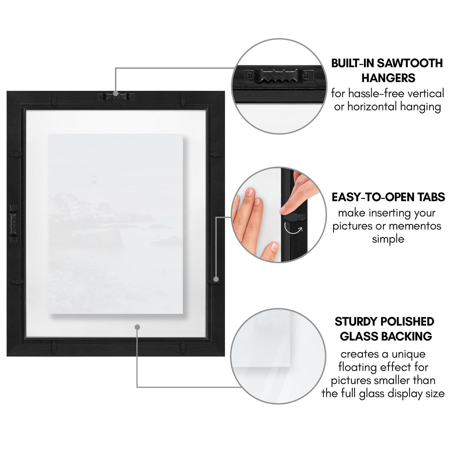 Americanflat 11x14 Floating Picture Frame with Polished Crystal-Clear Glass - Set of 2 - Use as 8x10 Frame or Display 5x7 Photo - Signature Float Collection - Photo Frames for Wall Display - Black