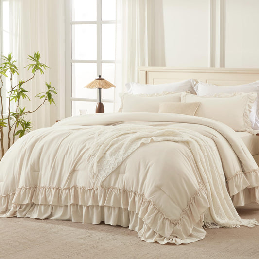 Andency Beige Comforter Set King Size, 3 Pieces Lightweight Fluffy Solid Ruffle Comforter Set, All Season Soft Microfiber Farmhouse Shabby Chic Bed Set(Beige, 104x90Inch)