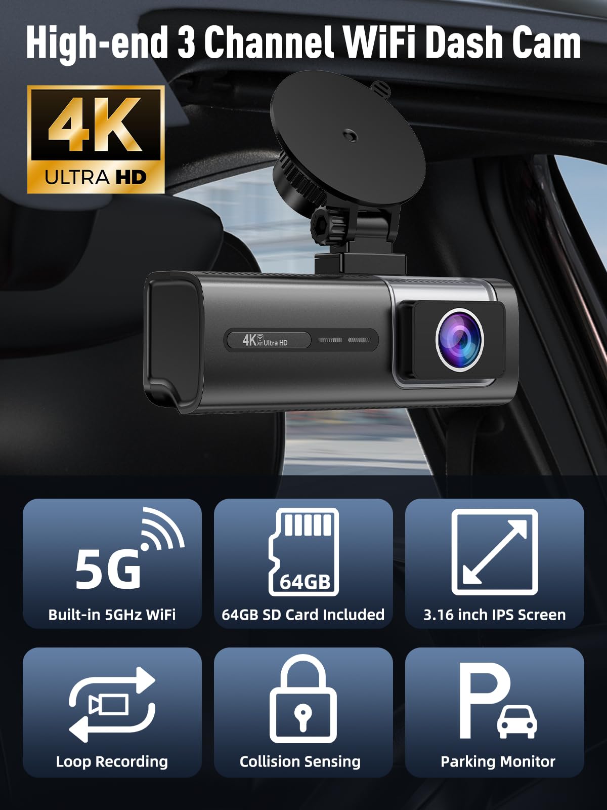 3 Channel WiFi Dash Cam, 4K+1080P+1080P Dash Cam Front and Rear Inside with 64GB Card, 3.16” IPS Screen, G-Sensor, Loop Recording, Parking Monitor, 170° Wide Angle, IR Night Vision, WDR, Silver