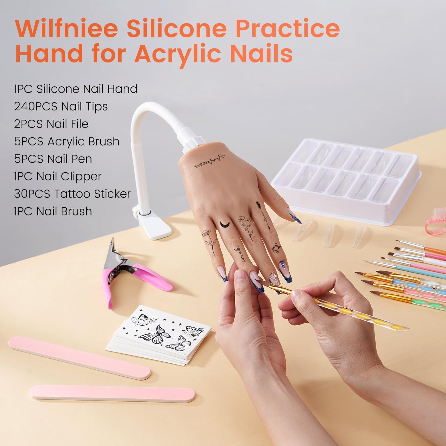 Wilfniee Silicone Practice Hand for Acrylic Nails With Removable DIY Tattoo Stickers - Flexible Silicone Hand for Nail Practice - Realistic Nail Mannequin Hand to Practice Acrylic Nails for Beginners