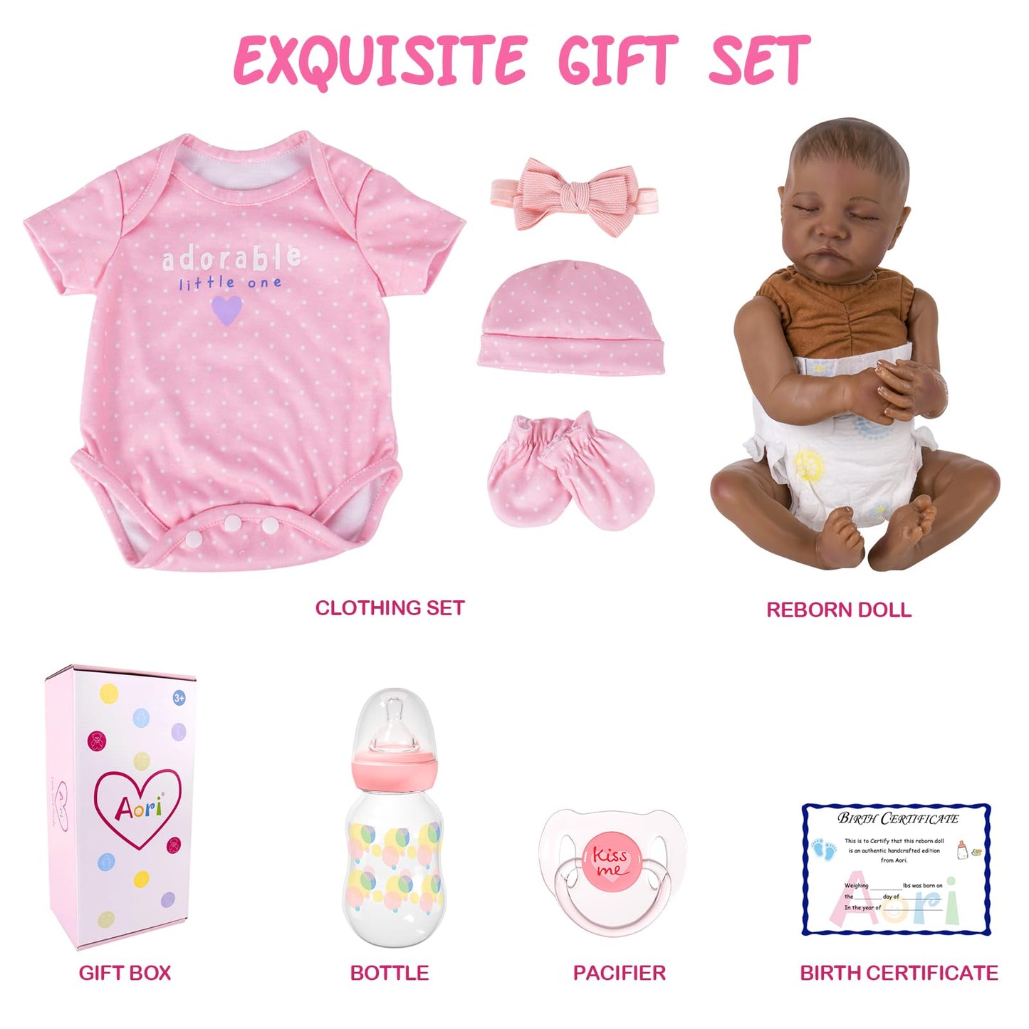 Aori Lifelike Reborn Baby Dolls Black - 18-Inch Realistic American Newborn Real Life Black Girl with Feeding Kit & Gift Box for Kids Age 3+