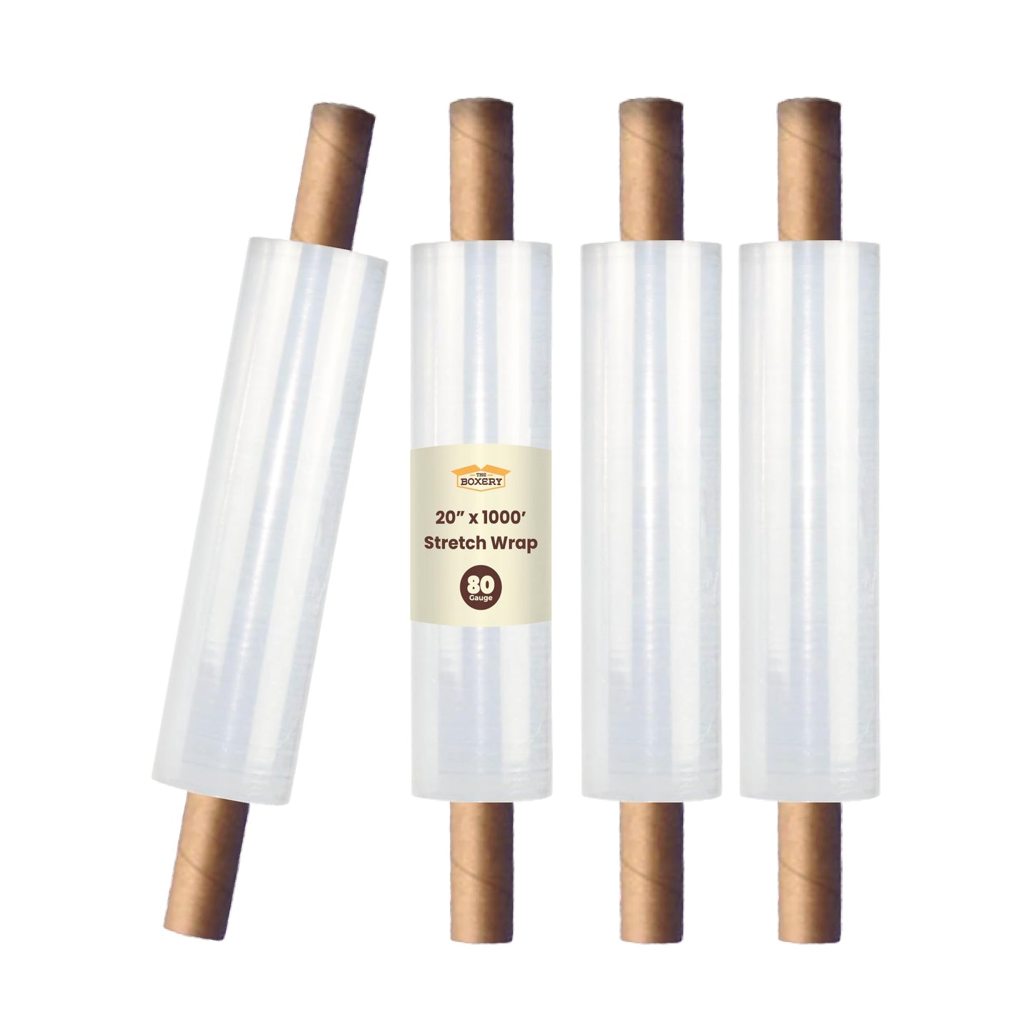 The Boxery 20" x 1000' -4 Rolls (4000ft Total) Cast Stretch Wrap with Handles – 80 Gauge Clear Film – Extended Core Hand Wrap for Smooth, Quiet, Heavy-Duty Wrapping