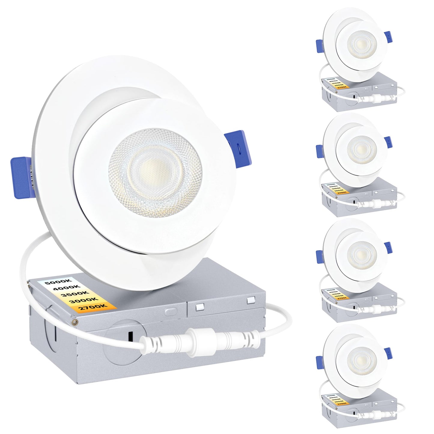 Ensenior 4 Pack 4 inch Gimbal Led Recessed Light with Junction Box, 90° Adjustable Directional Eyeball Lighting, Dimmable, 2700K/3000K/3500K/4000K/5000K, 900LM, 9W=100W-FCC Certified