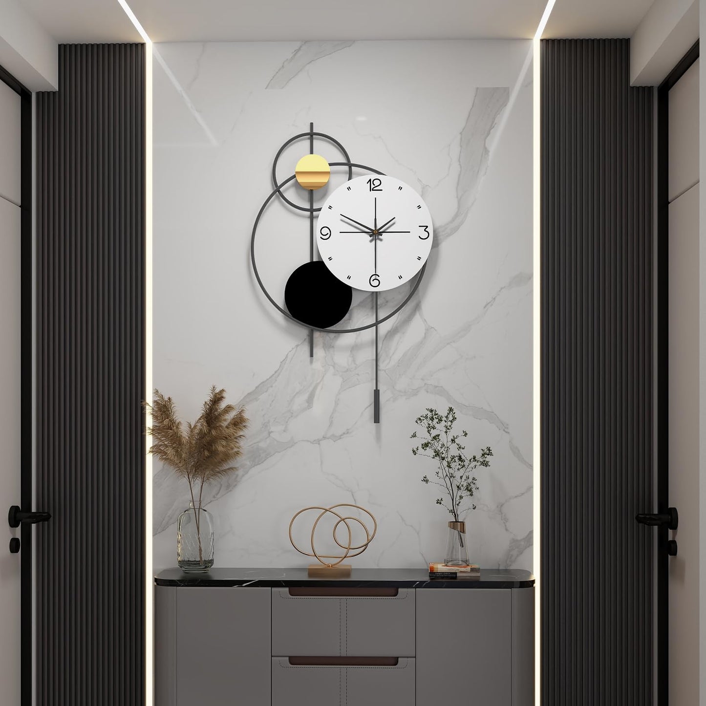 JUJUDA Large Modern Wall Clock for Living Room Decor 24 Inch Big Decorative Black Metal Wall Clock with Pendulum for Home Bedroom Kitchen Office Battery Operated Non Ticking Decoration Clocks Wall