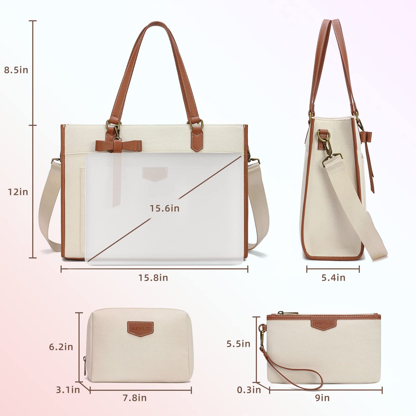 Keyli Laptop Tote Bag Canvas Laptop Bag for Women 15.6 inch Casual Work Shoulder Bags Large Capacity Professional Business Office Computer Briefcase Handbag Purses for Travel, Office, School Brown