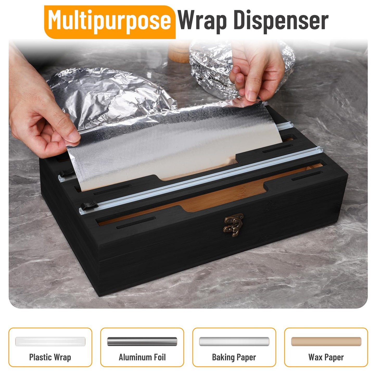 Allinside Magnetic Plastic Wrap Dispenser with Cutter, 3 in 1 Refrigerator Bamboo Wood Organizer for Tin Foil, Baking, Wax Paper Holder Kitchen Storage Box Compatible with 12.9" Roll, Black (3 Layer)