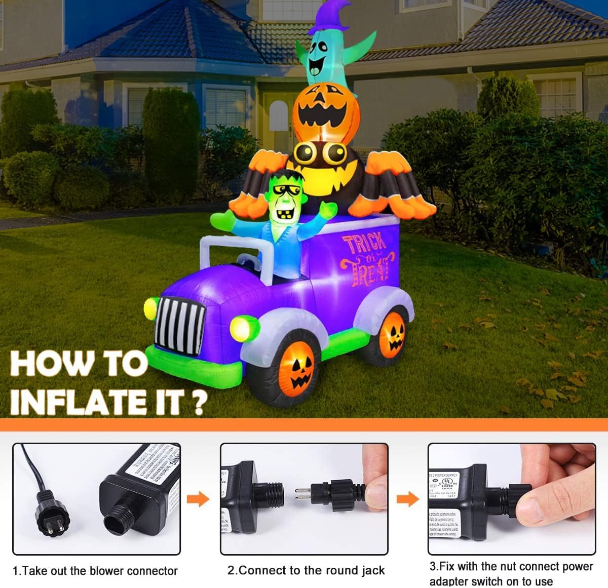 BLOWOUT FUN 8ft Halloween Inflatable Horror Frankenstein Driving A Car with Spider, Pumpkin and Ghost, LED Blow Up Lighted Decor Indoor Outdoor Holiday Art Decorations