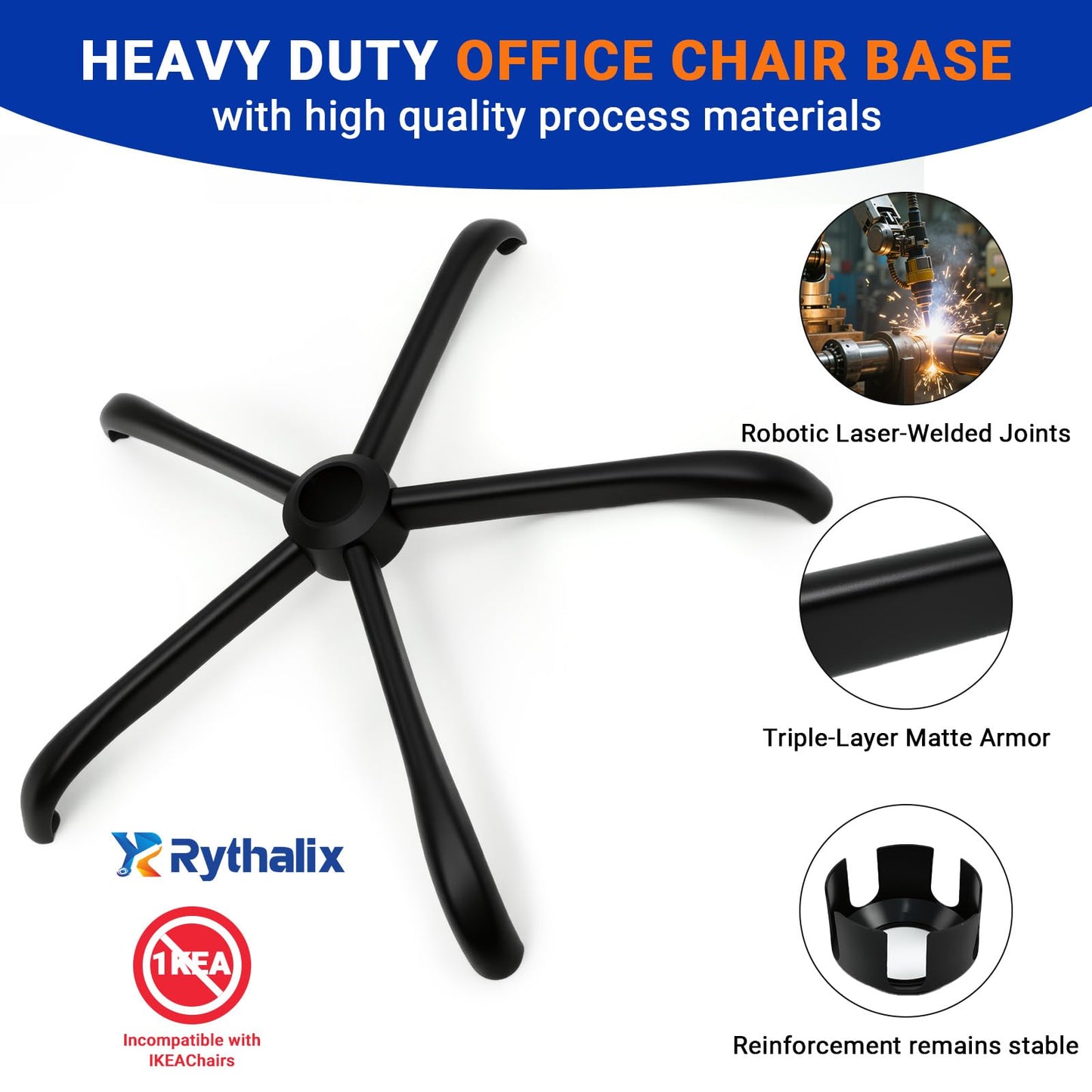 Rythalix 28" Heavy Duty Office Chair Base Replacement Parts for Most Office/Desk Chair - 2400 Lbs Capacity Matte Black Metal Chair Legs with Universal Casters Sockets
