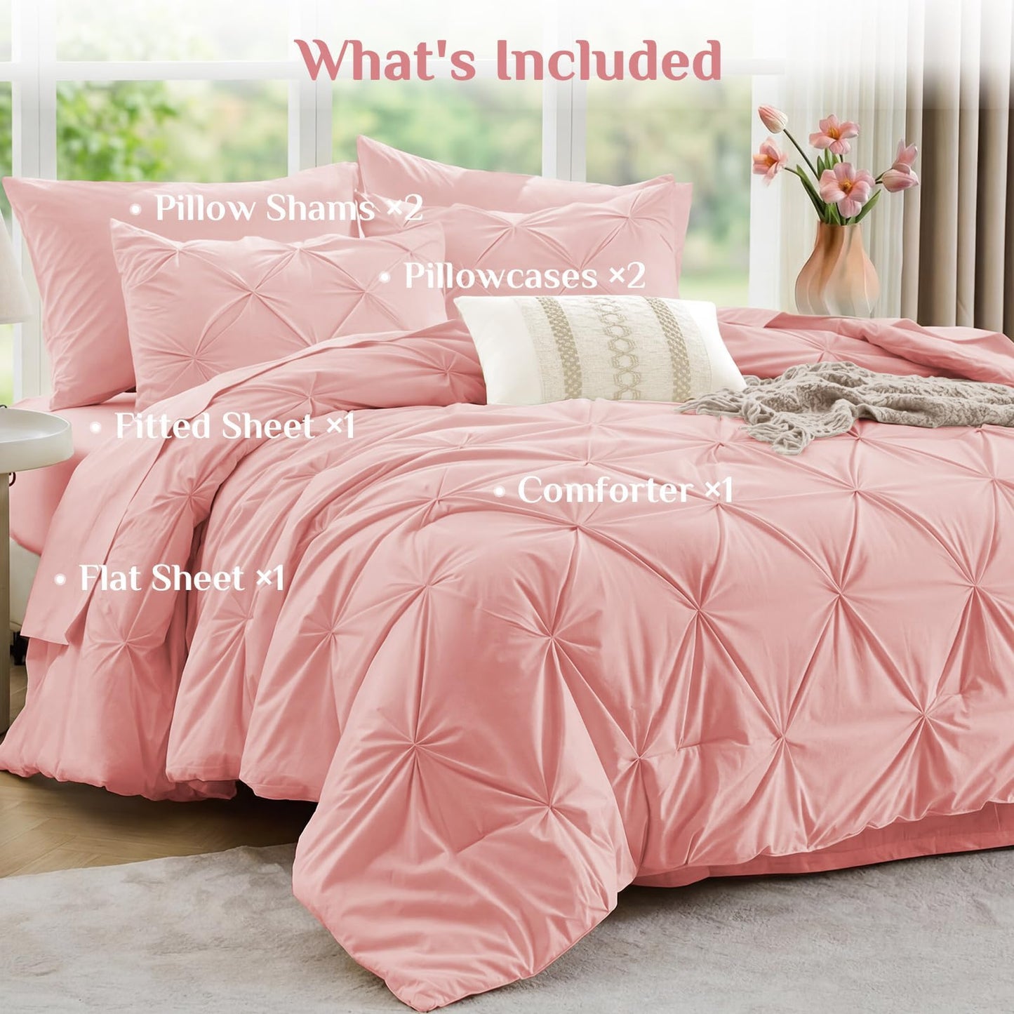 JOLLYVOGUE Full Size Comforter Sets 7 Pieces - Bed in a Bag Full for All Season, Pintuck Bedding Comforter Sets with Comforter, Flat Sheet, Fitted Sheet and Pillowcases & Shams, Pink