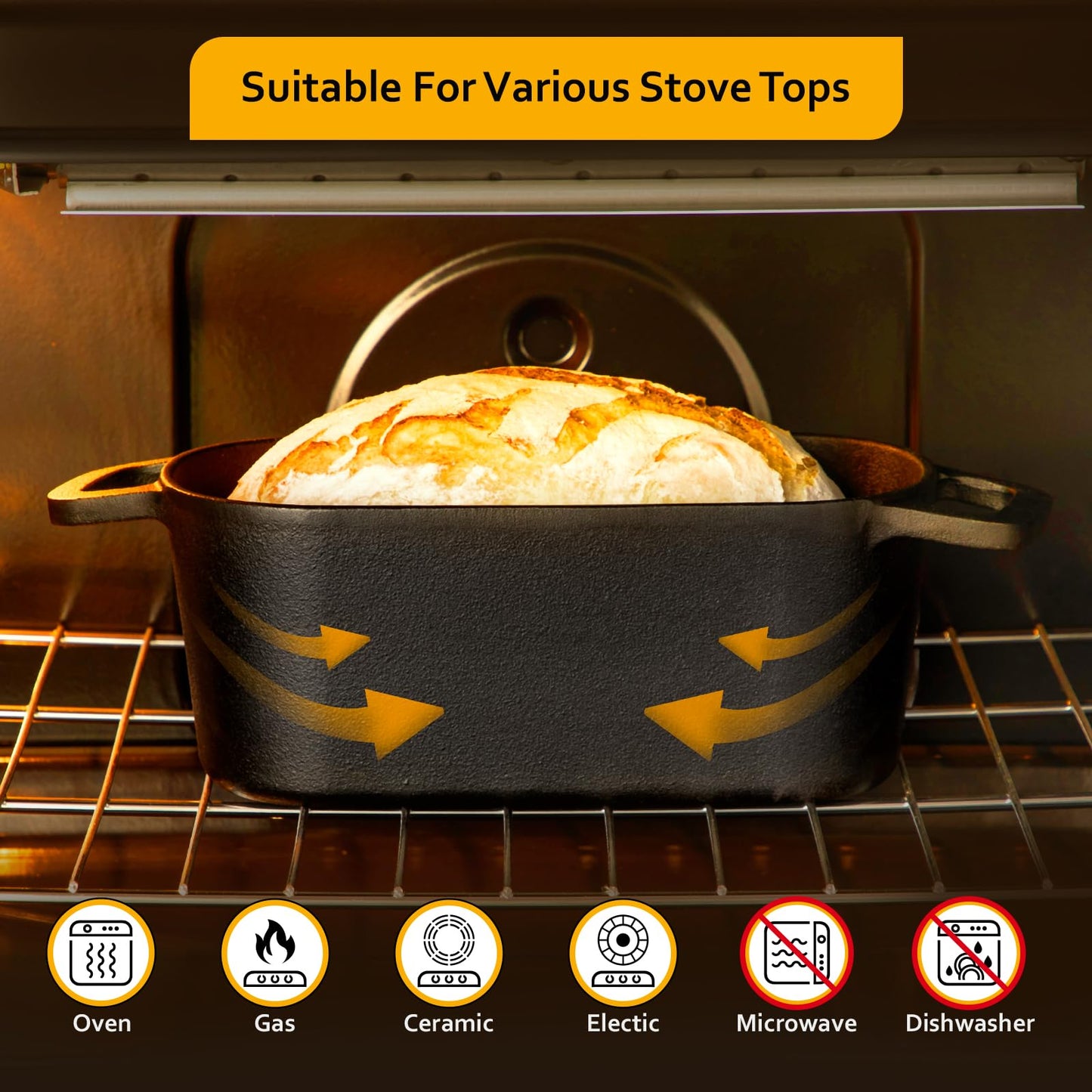 Velaze 3.6QT Dutch Oven for Bread Baking,Oval Cast Iron Bread Oven Pan with Lid and Offset Handles,Oven Safe to 500°F for Homemade Sourdough Bread(Black)