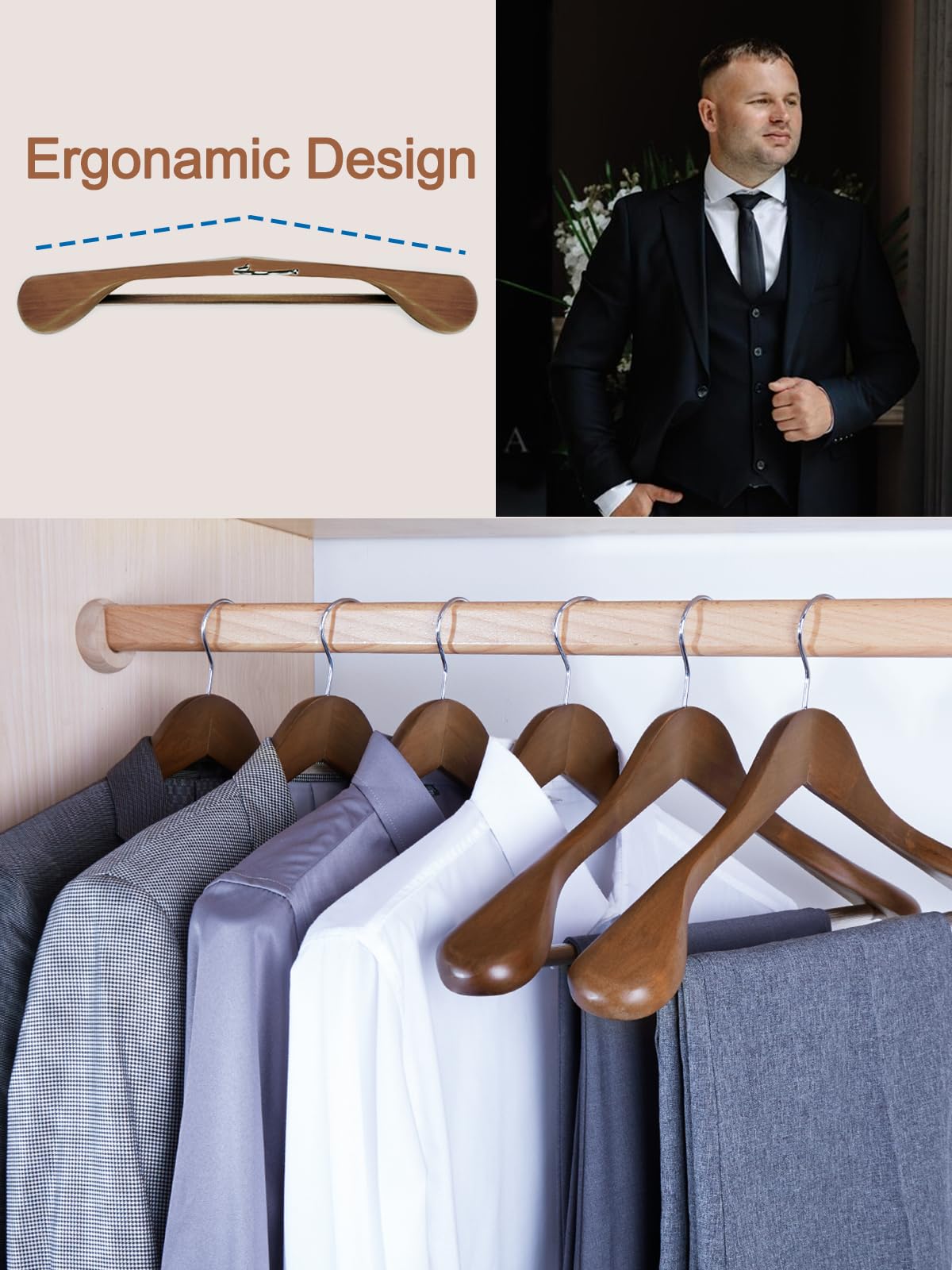 HOUSE DAY 19'' Extra Wide Shoulder Wooden Hangers 6 Pack, Premium Large Wood Suit Hangers with Non Slip Pant Holder, Wide Shoulder Hangers for Suits, Coats, Jackets, Heavy Wide Clothes Hanger, Walnut