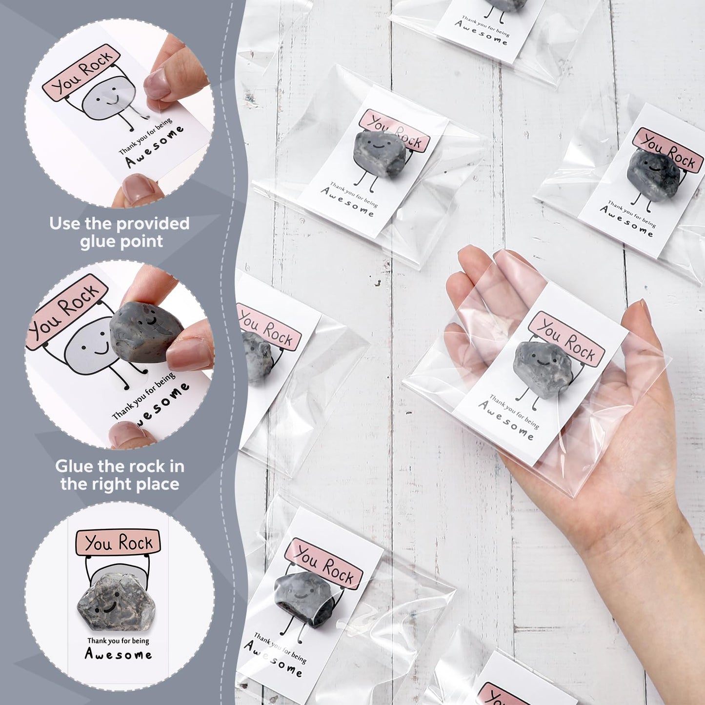 Huwena 100 Sets Inspirational You Rock Employee Appreciation Gifts End of Year Teacher Gifts Smile Resin Stone with Thank You for Being Awesome Rock Card Bulk for Team Staff Coworkers Party Favor