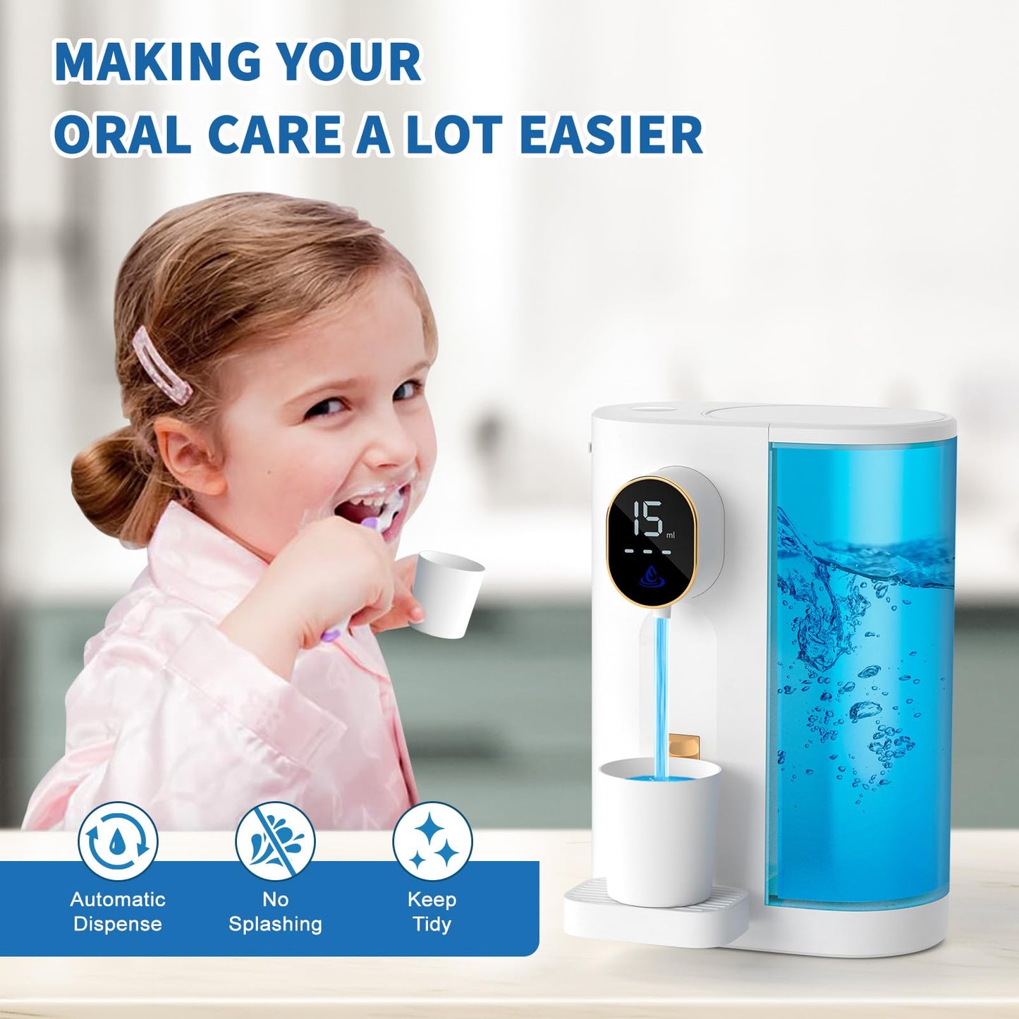 Automatic Mouthwash Dispenser 20.3 oz Touchless for Bathroom, 4 Dispensing Levels, Magnetic Cup, USB Rechargeable, Wall/Countertop, Kids Adults - Bathroom Accessories