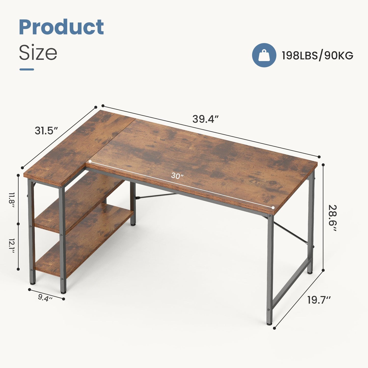 DUMOS L Shaped Desk 39 Inch Computer Corner Gaming Desks for Home Office PC Table with Reversible Storage Shelves for Writing Working Study Bedroom Dorm Rustic Brown