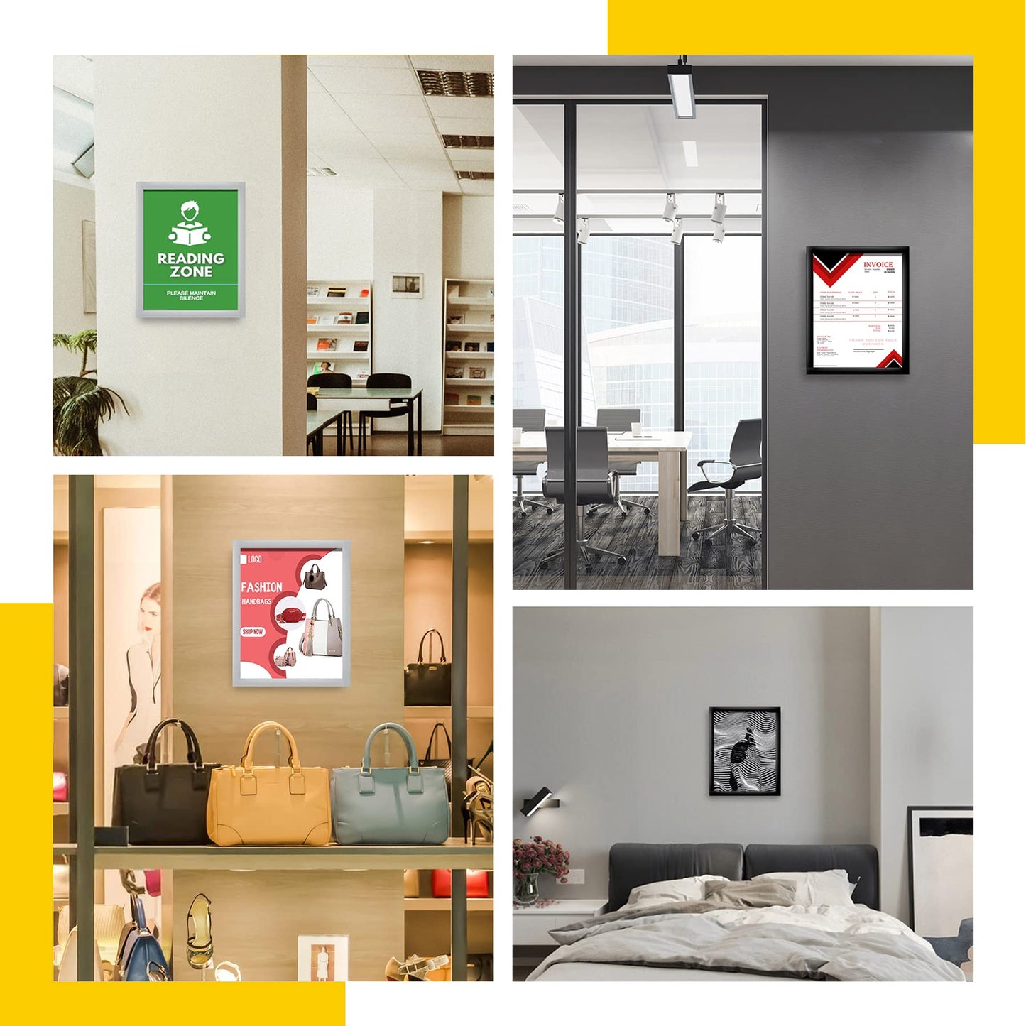 Golemas Acrylic Magnetic Sign Holder, Easy-Opening 8.5 x 11 Wall Mount Display Frames, Self Adhesive Back Plastic Clear Document Frame, Horizontal & Vertical Display (Black, 12Pack)
