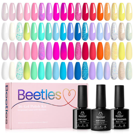 beetles Summer Gel Polish Set-39Pcs Neon Gel Nail Polish Pink Red Blue Purple Polish with Base Top Coat Soak off Uv LED Lamp Colorful Candies Manicure Kit DIY Home Gifts for Women Girls