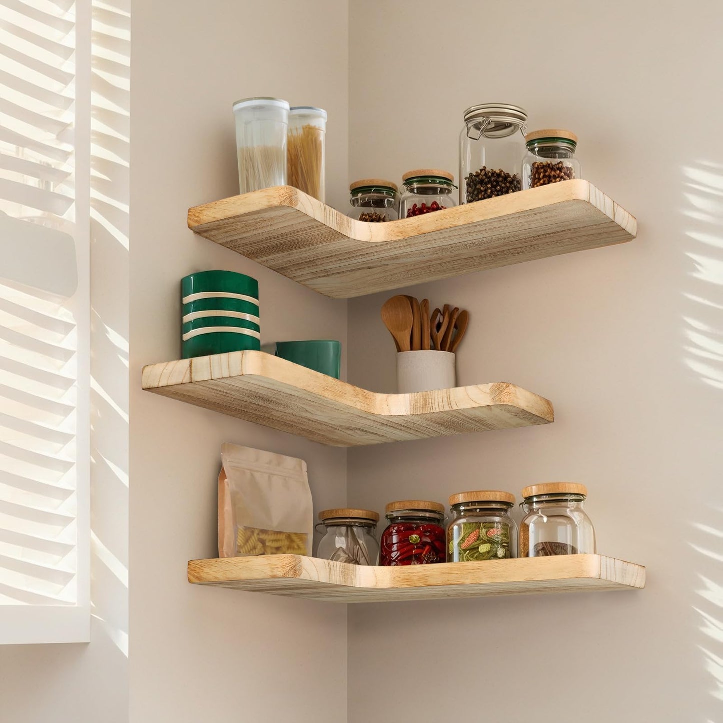 jubilander Floating Corner Shelves Set of 3, Solid Wood Picture Wall Shelf, Floating Shelves for Storage for Bedroom Kitchen Bathroom Living Room (Light Burnt)